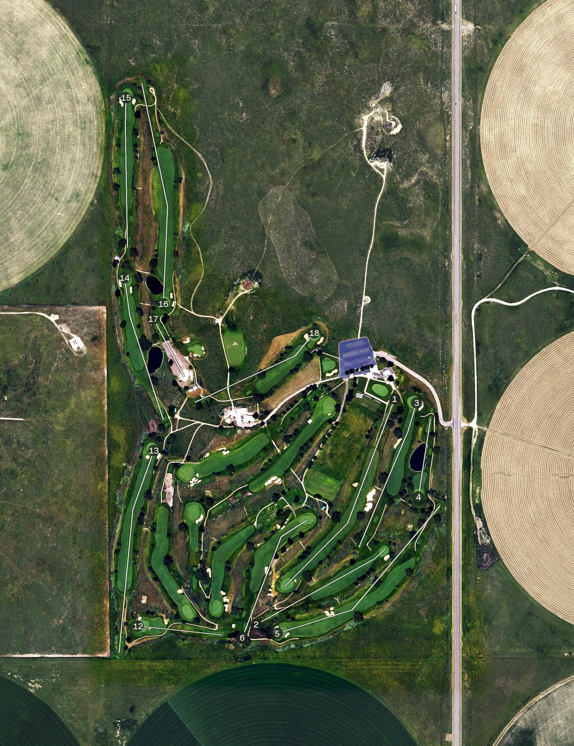 Aerial view of Buffalo Dunes, KS, with its hole routing marked
