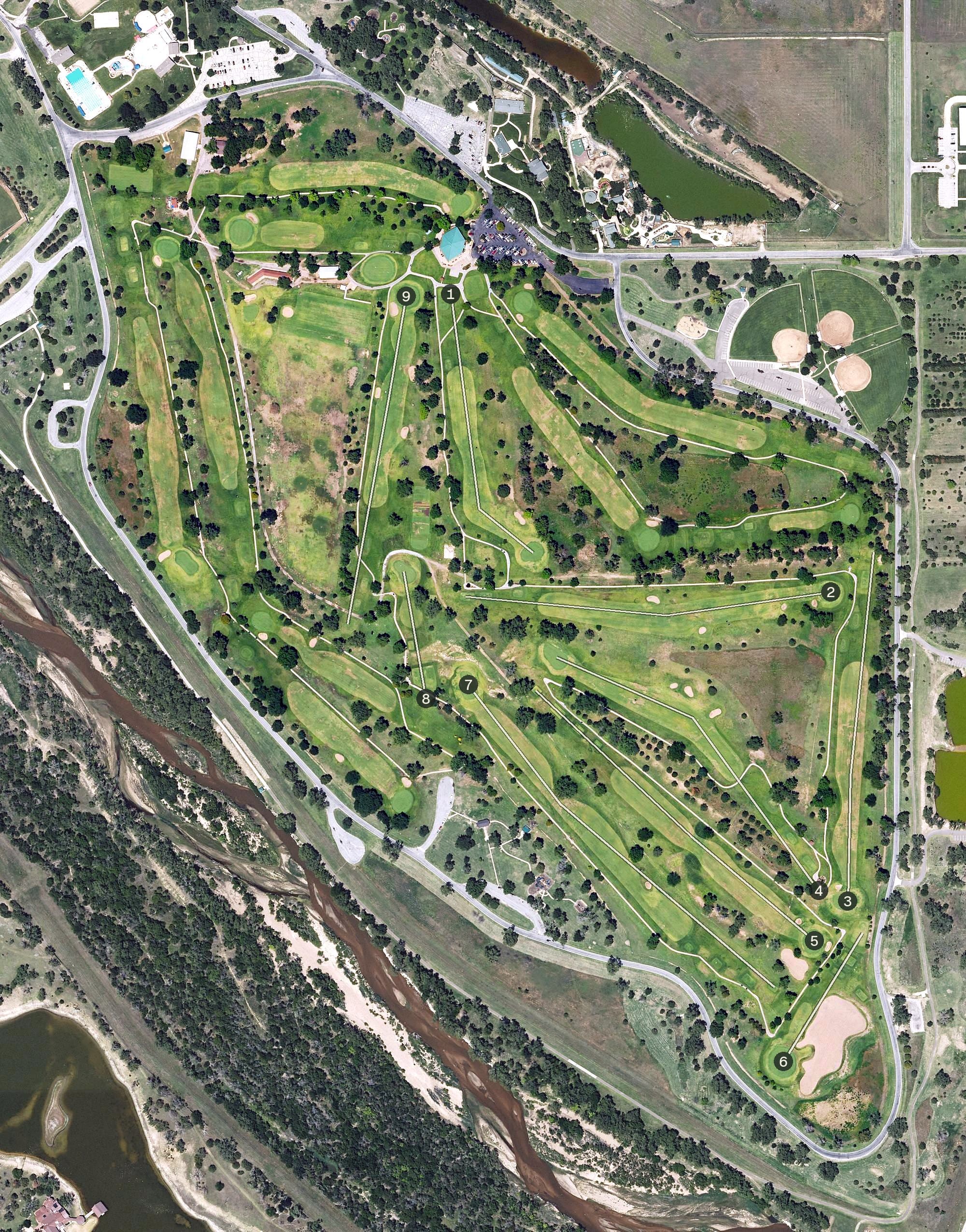 Aerial view of Carey Park Golf Course, KS, with its hole routing marked