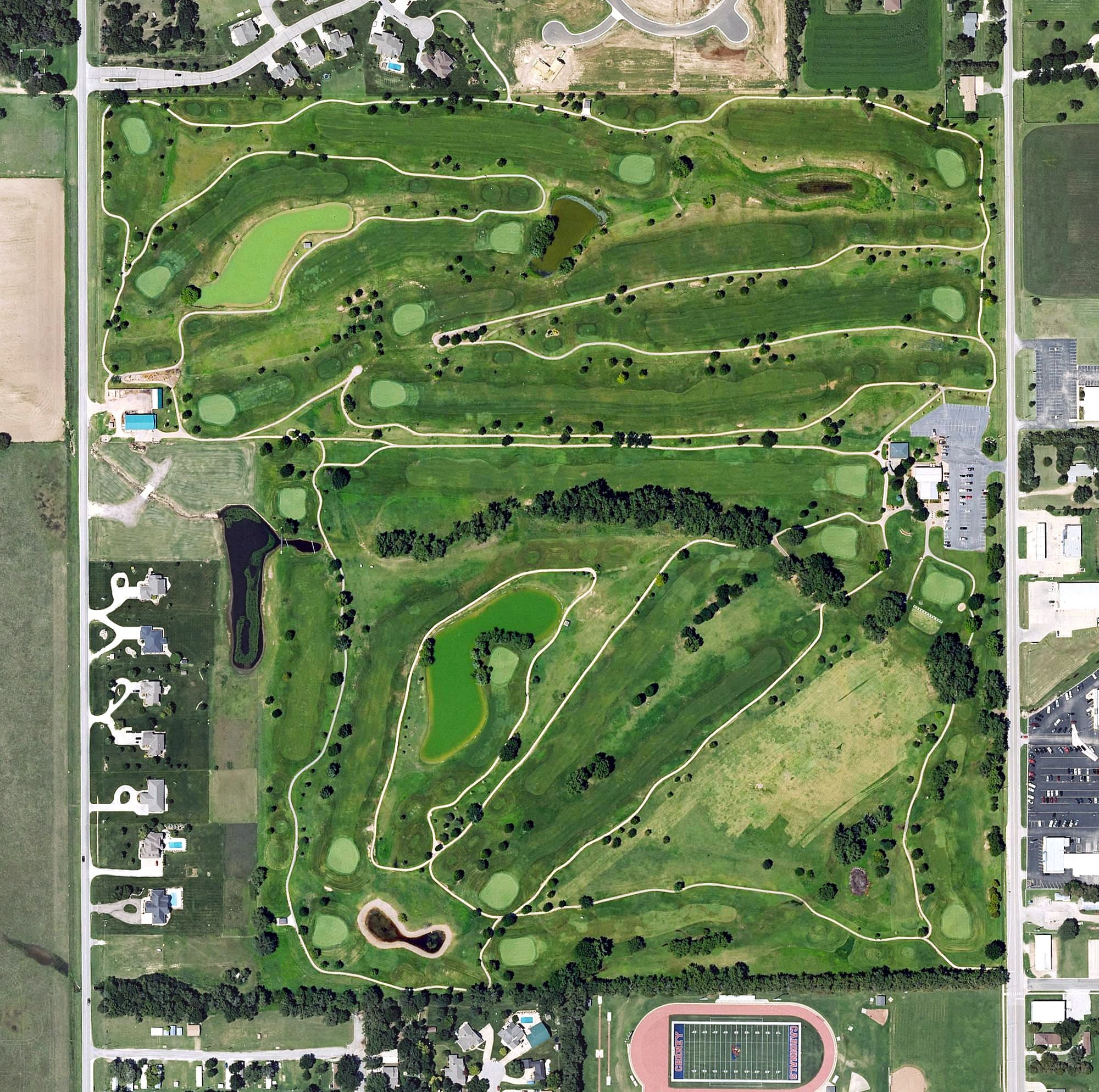 Aerial view of Cherry Oaks Golf Course, KS, with its hole routing marked