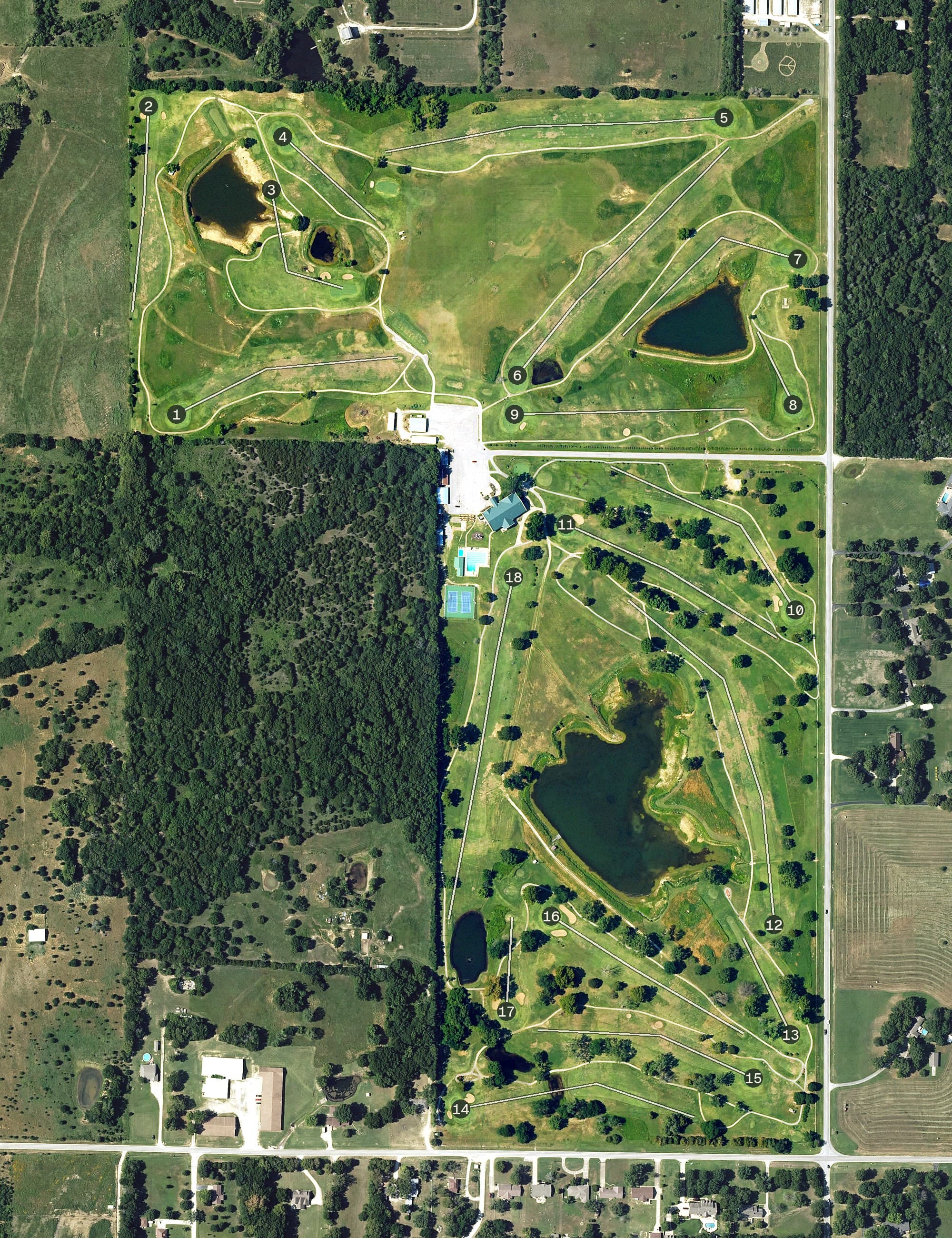 Aerial view of Coffeyville Country Club, KS, with its hole routing marked