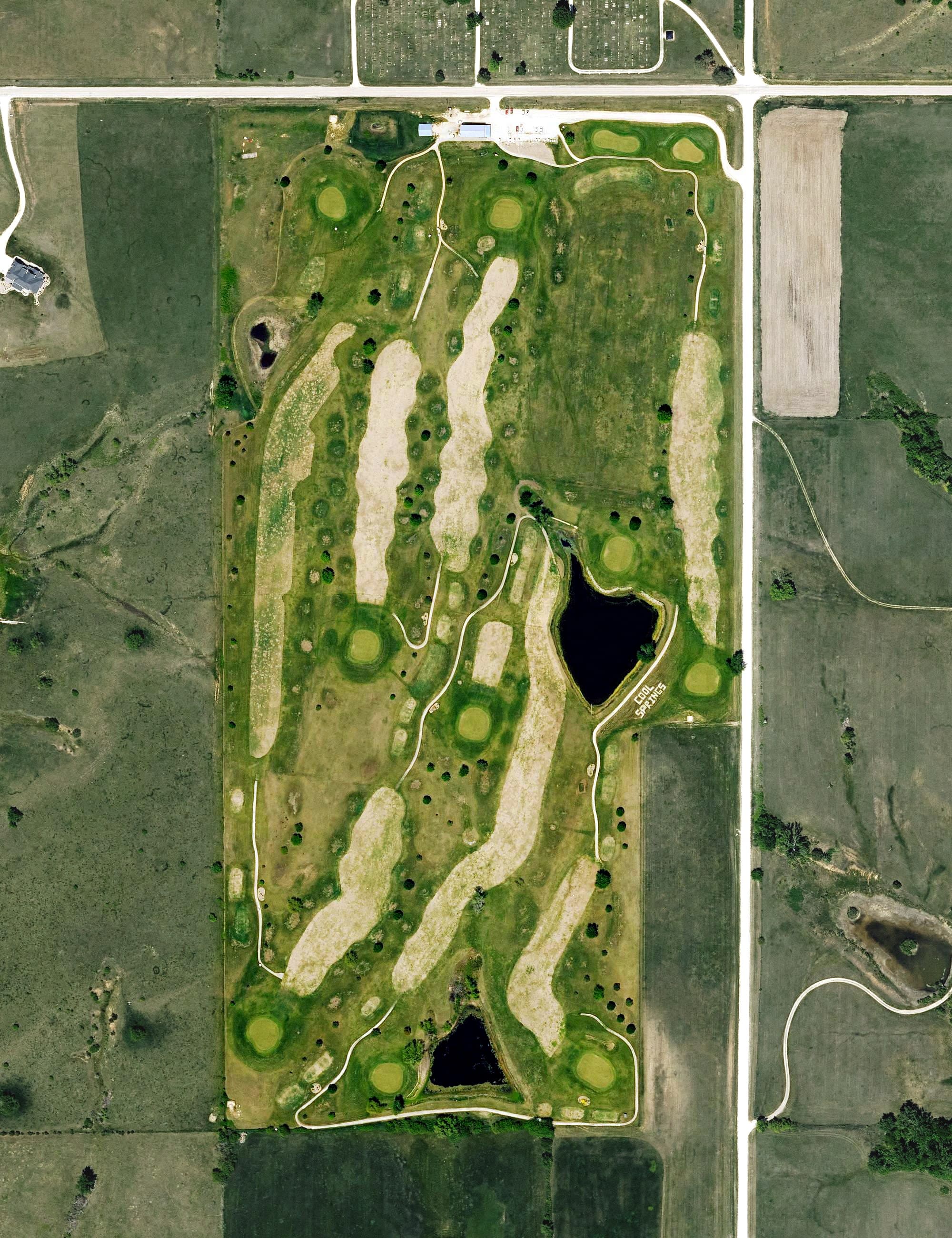 Aerial view of Cool Springs Golf Course, KS, with its hole routing marked