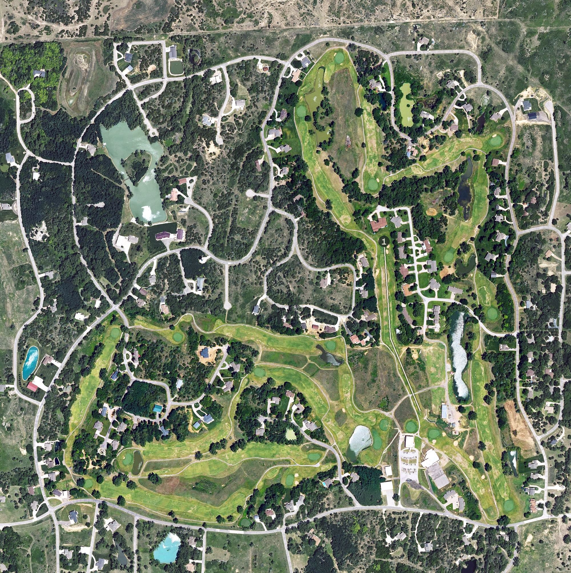 Aerial view of Crazy Horse Golf club, KS, with its hole routing marked