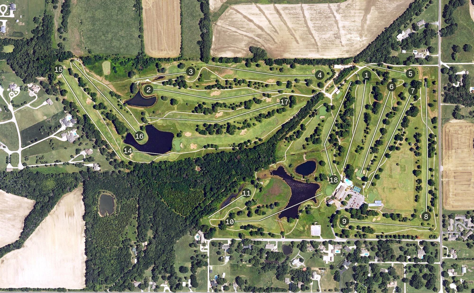 Aerial view of Crestwood Country Club, KS, with its hole routing marked