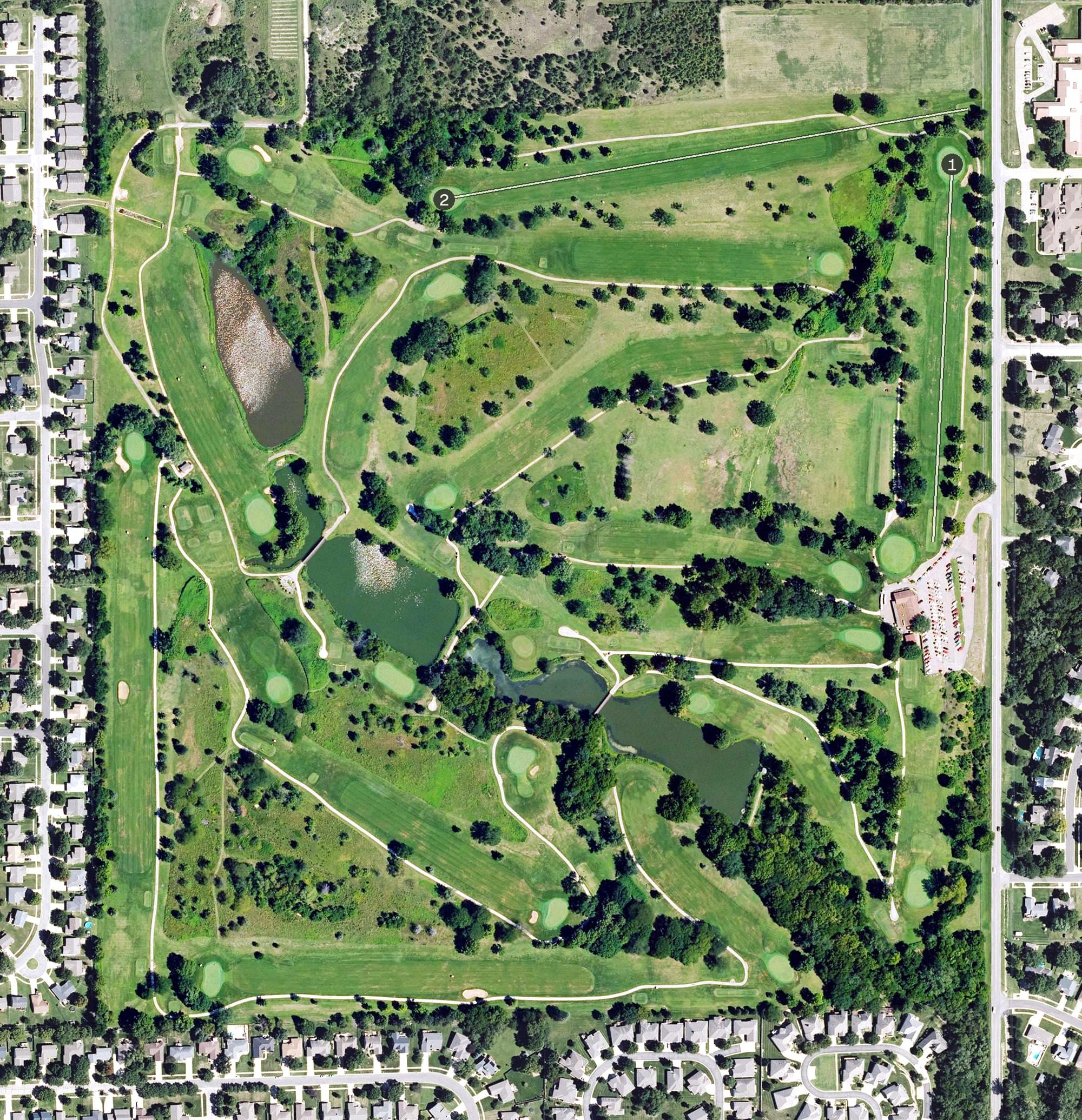 Aerial view of Cypress Ridge Golf Course, KS, with its hole routing marked