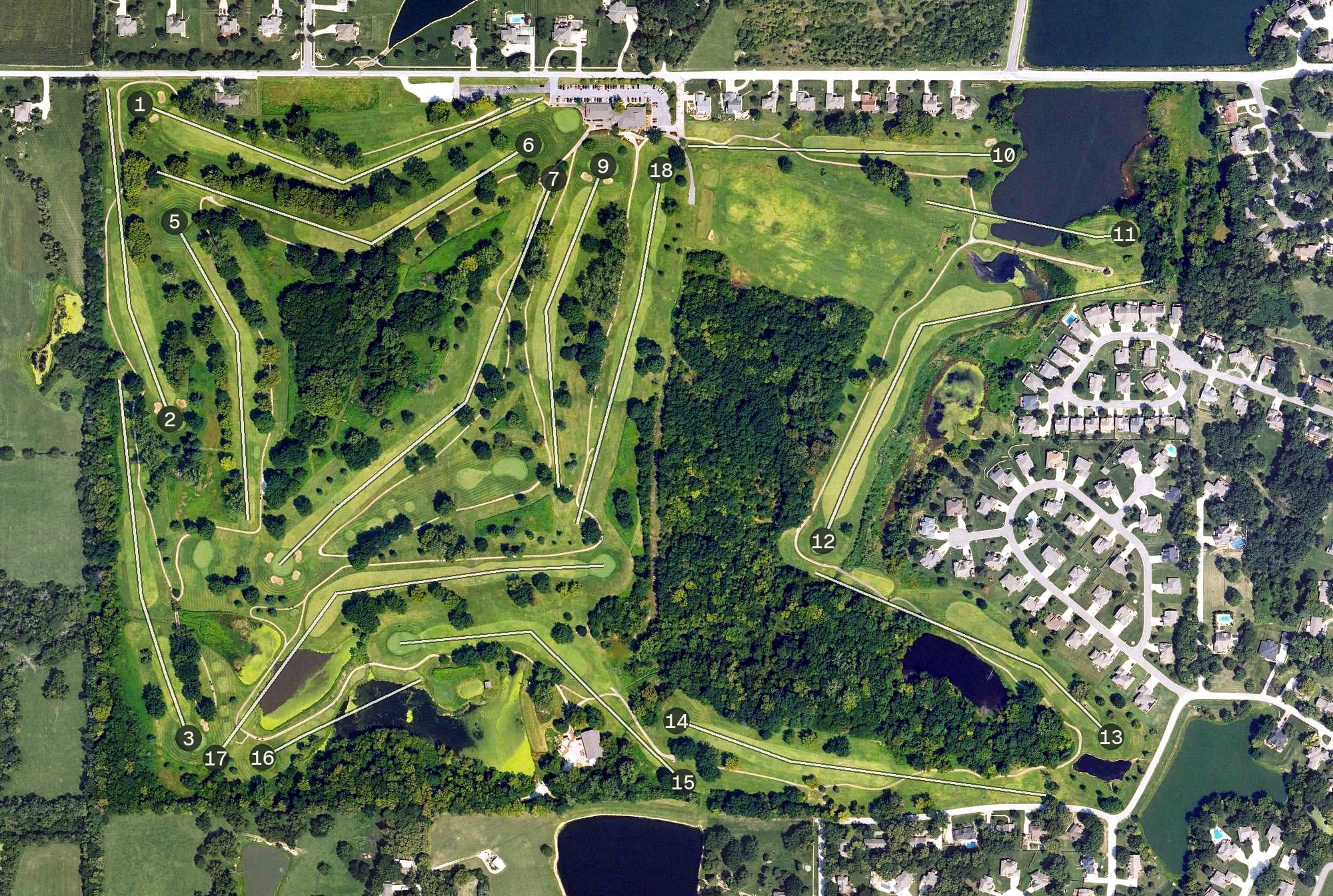 Aerial view of Dub's Dread Golf Club, KS, with its hole routing marked