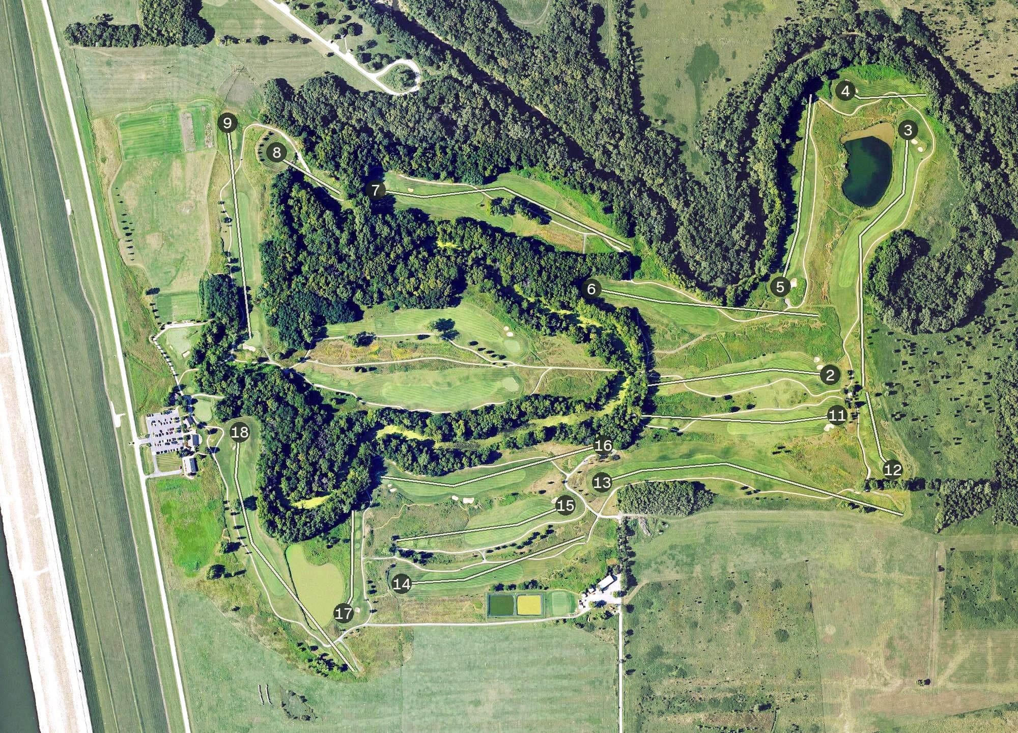 Aerial view of Eagle Bend Golf Course, KS, with its hole routing marked