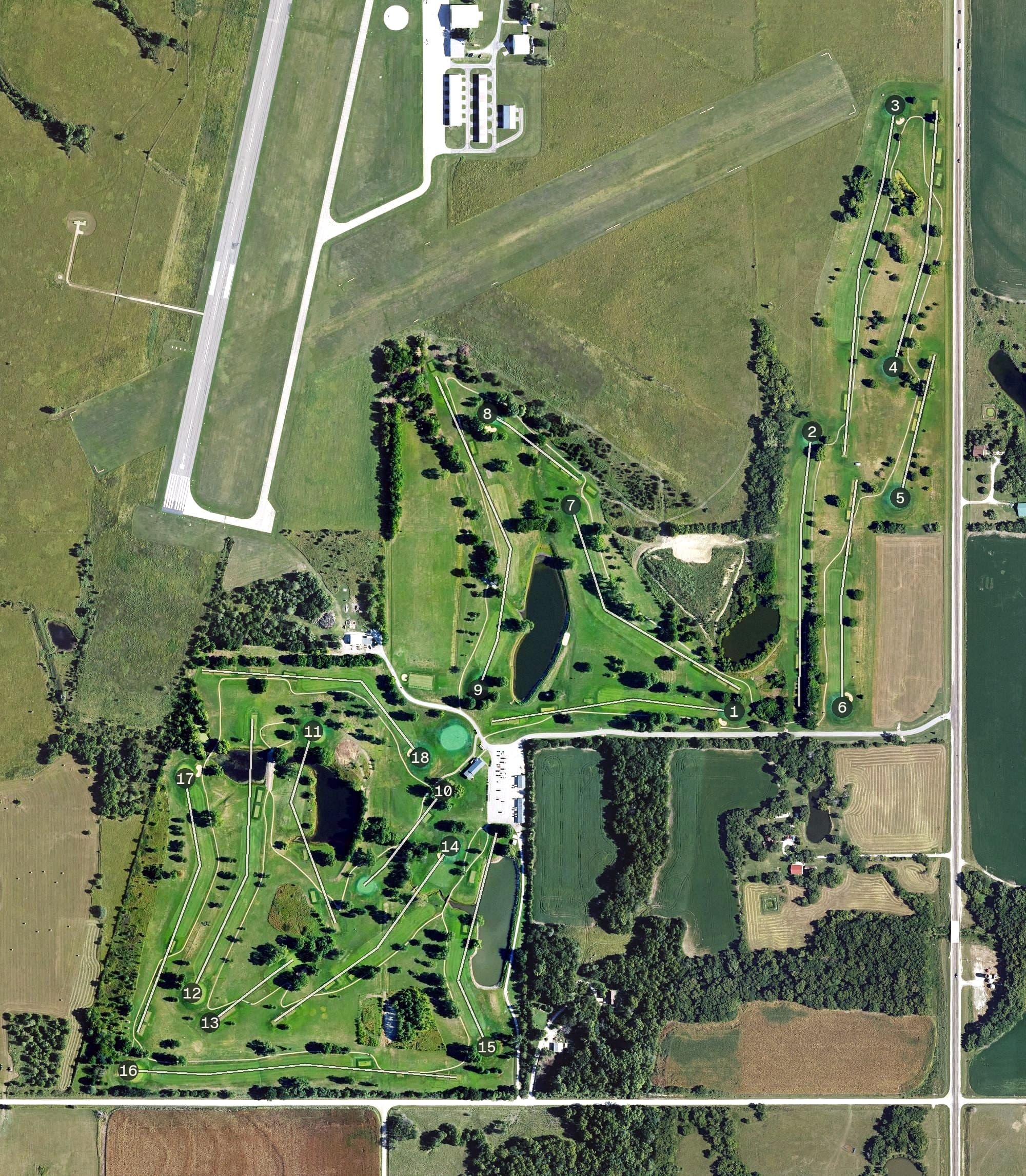 Aerial view of Emporia Golf Course, KS, with its hole routing marked
