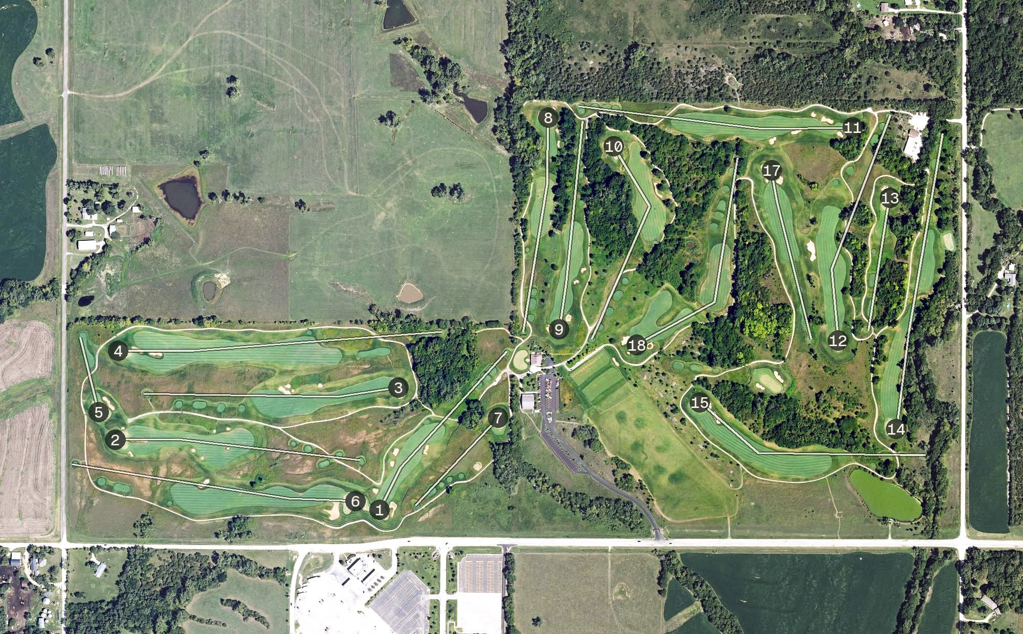 Aerial view of Firekeeper Golf Course, KS, with its hole routing marked