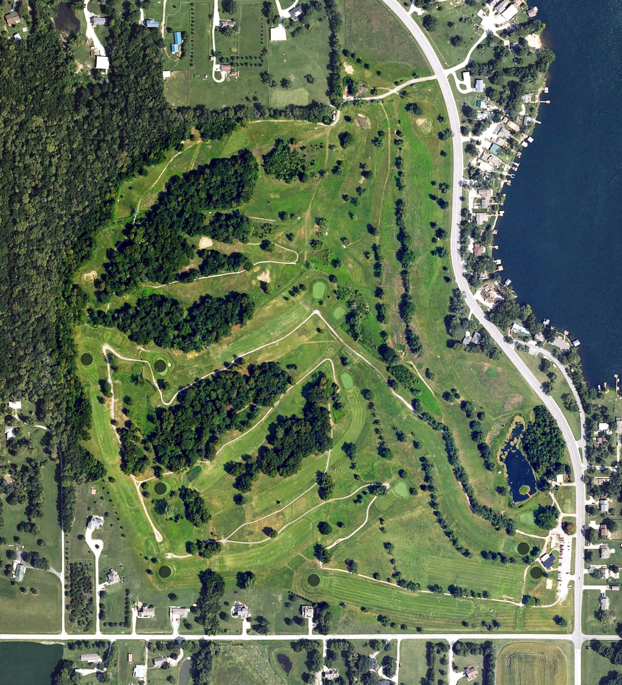 Aerial view of Gardner Golf Course, KS, with its hole routing marked