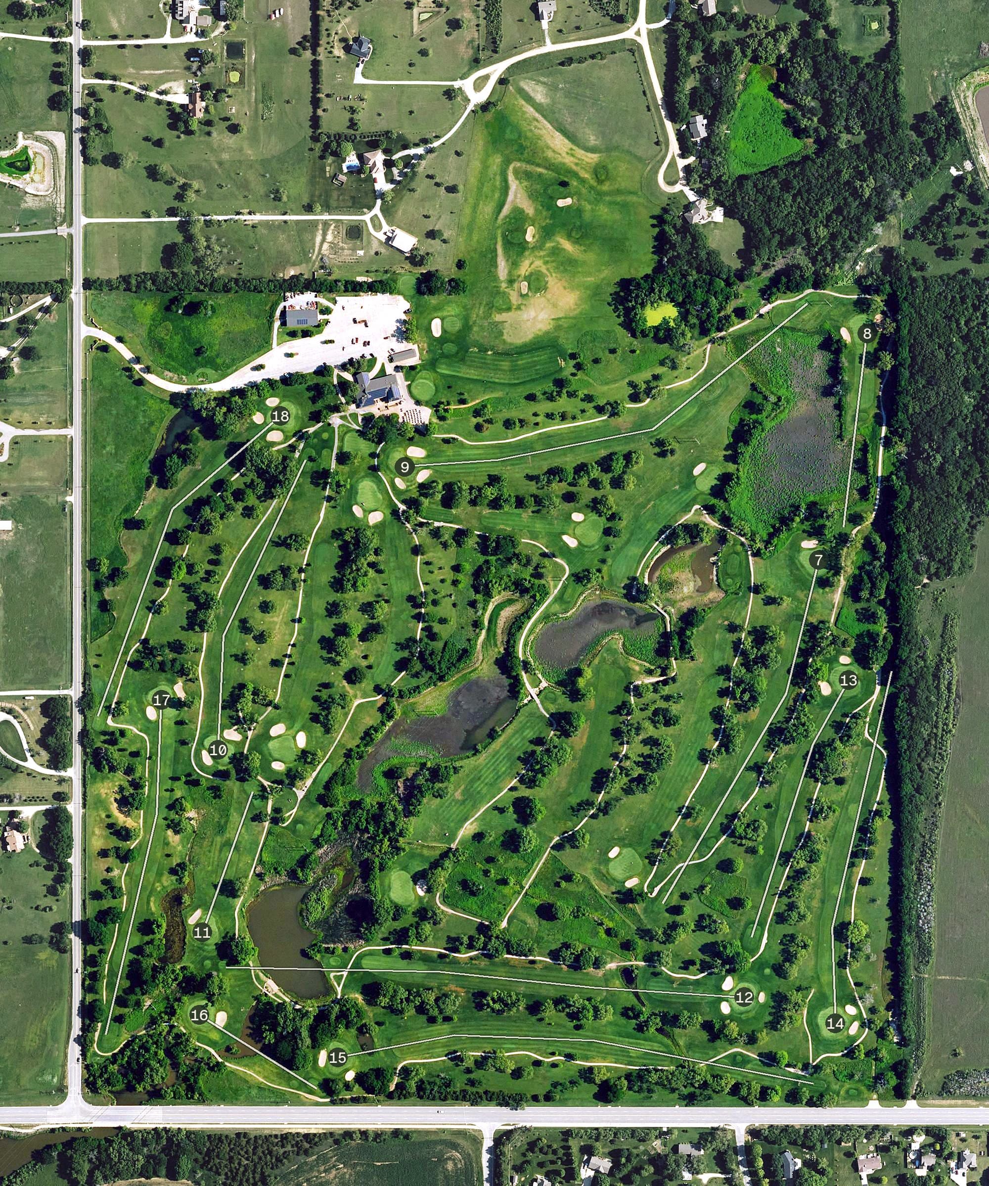 Aerial view of Hidden Lake Golf Course, KS, with its hole routing marked