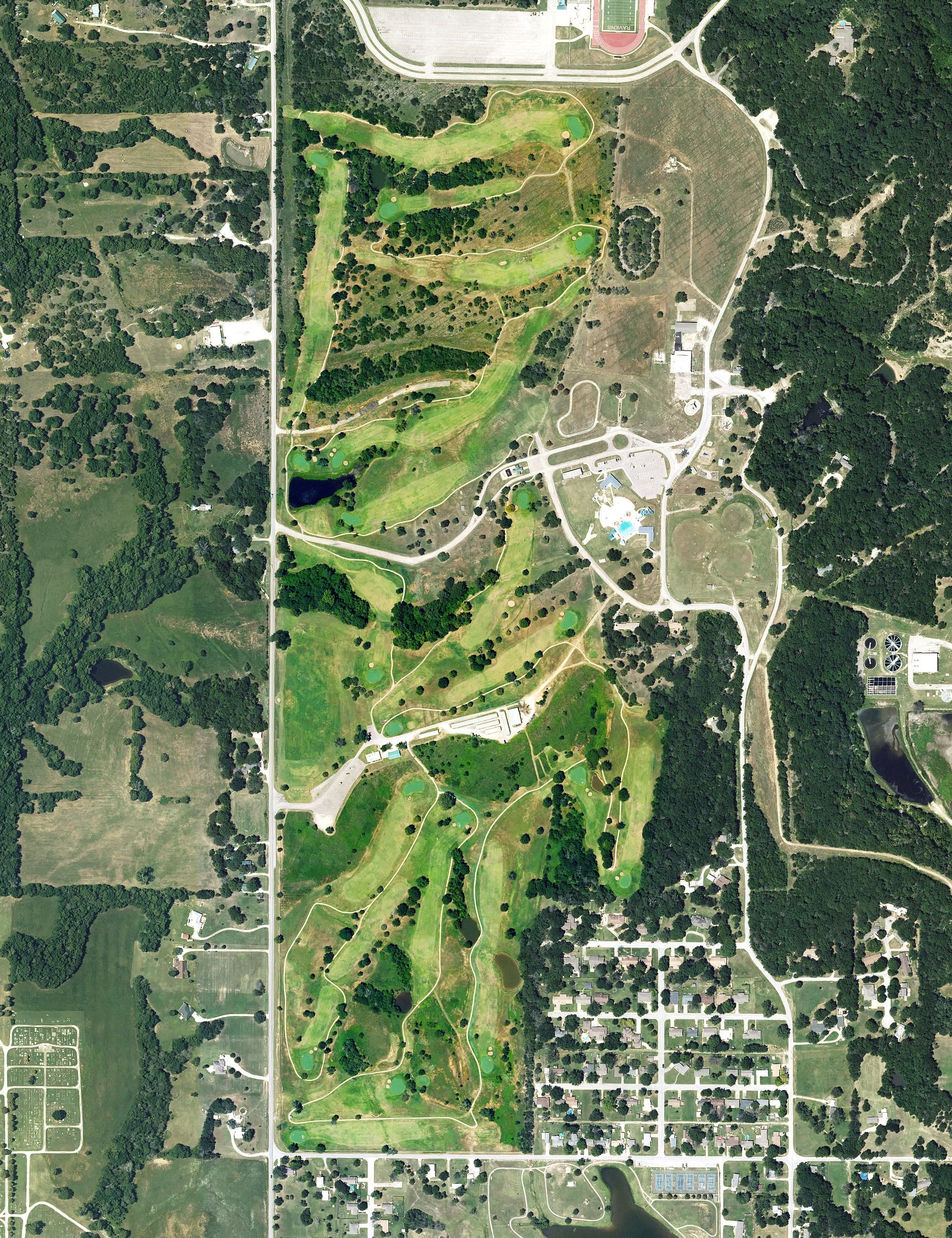 Aerial view of Hillcrest Golf Course, KS, with its hole routing marked