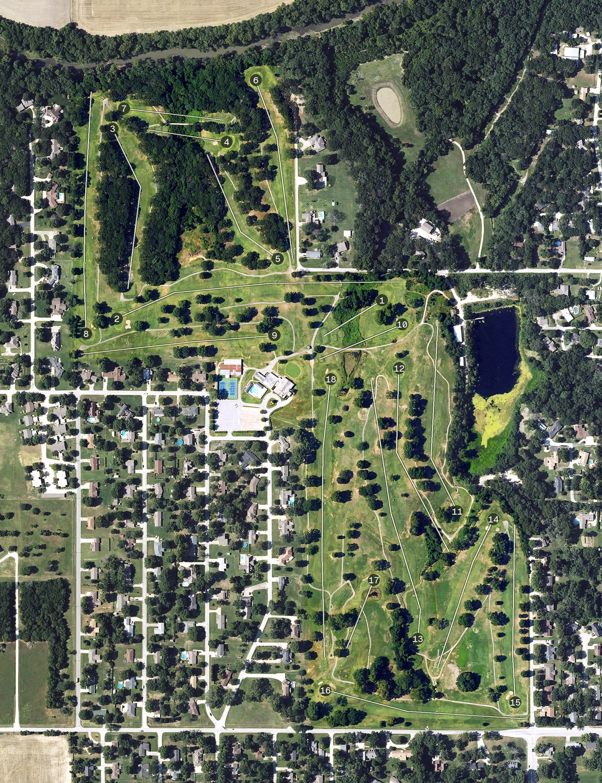 Aerial view of Independence Golf Club, KS, with its hole routing marked