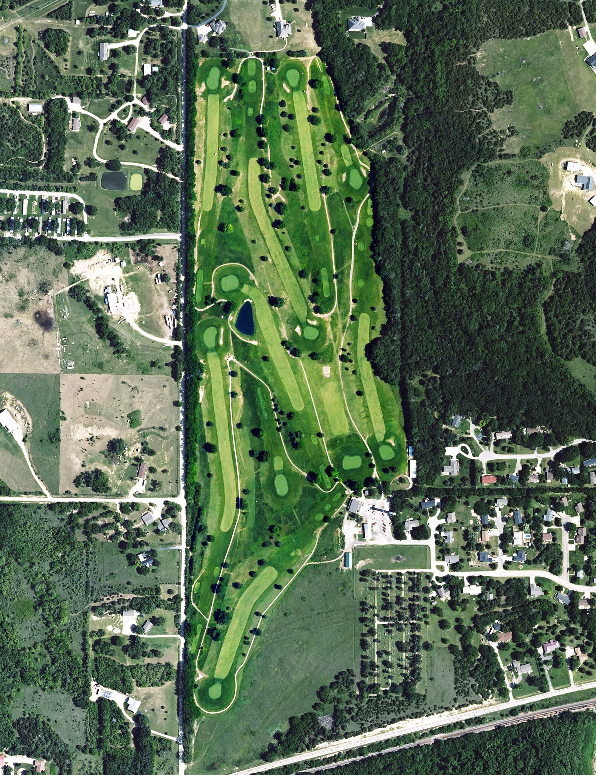 Aerial view of Indian Hill Golf Course, KS, with its hole routing marked