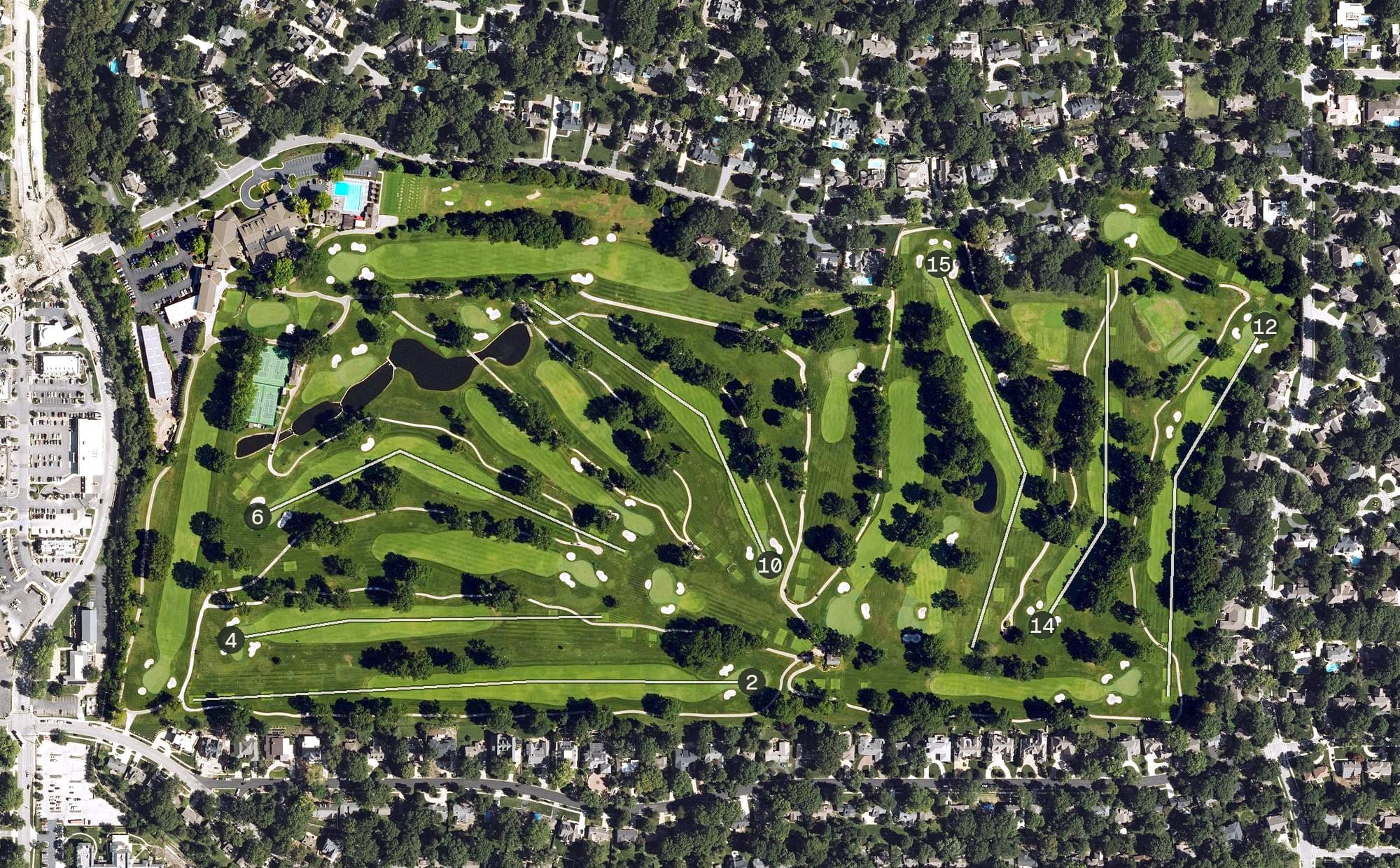 Aerial view of Indian Hills Country Club, KS, with its hole routing marked