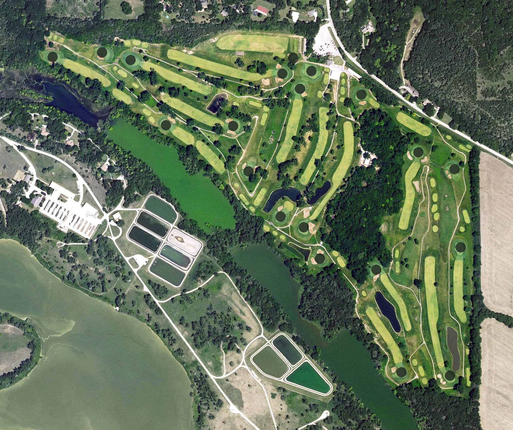 Aerial view of Junction City Golf Course, KS, with its hole routing marked