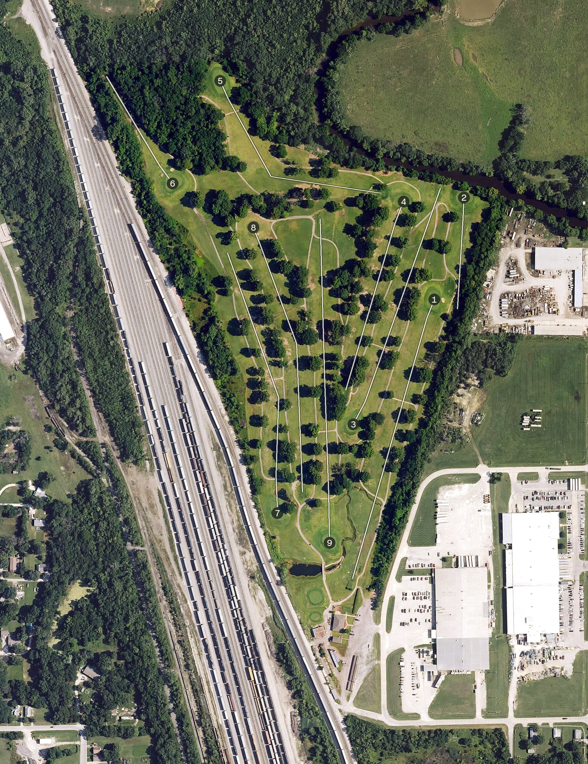 Aerial view of Katy Golf Course, KS, with its hole routing marked