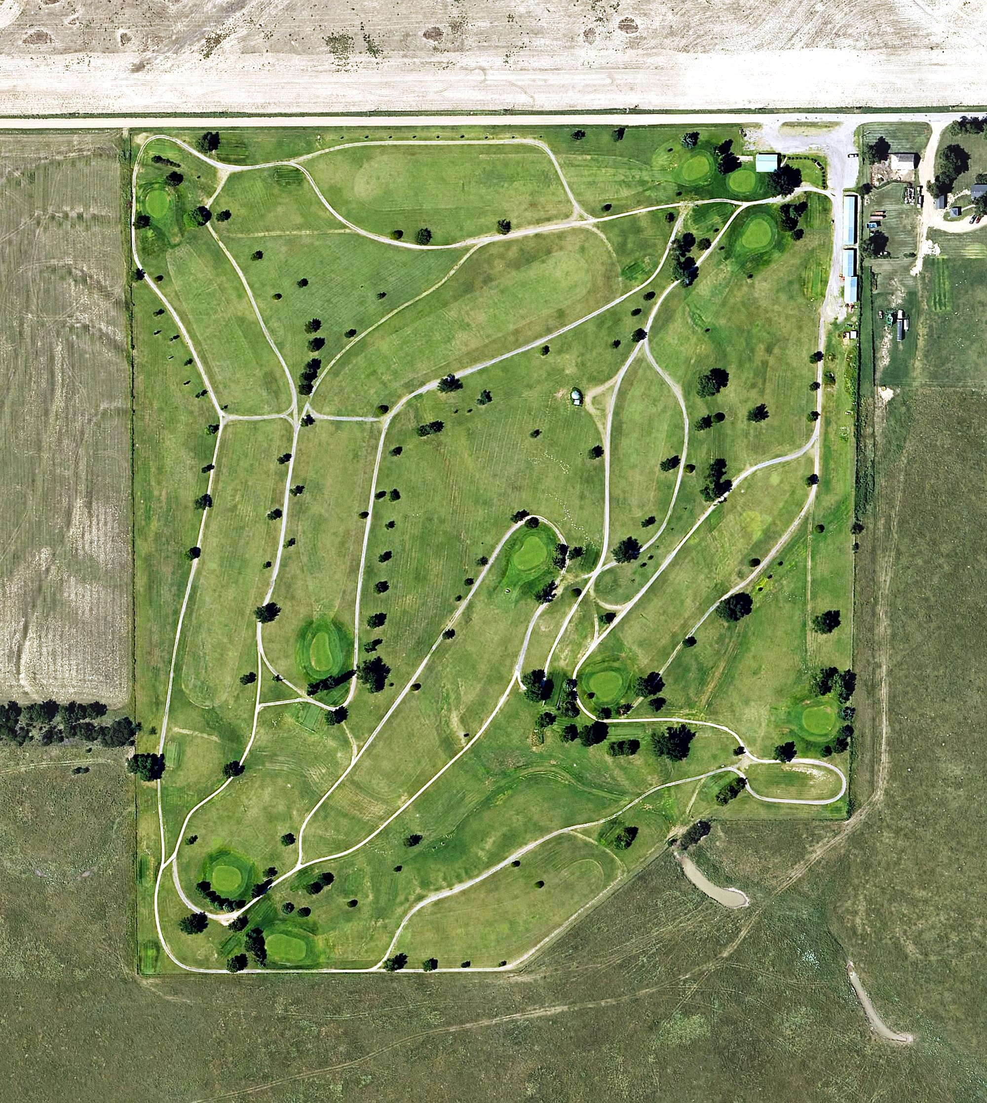 Aerial view of Meade Golf Course, KS, with its hole routing marked