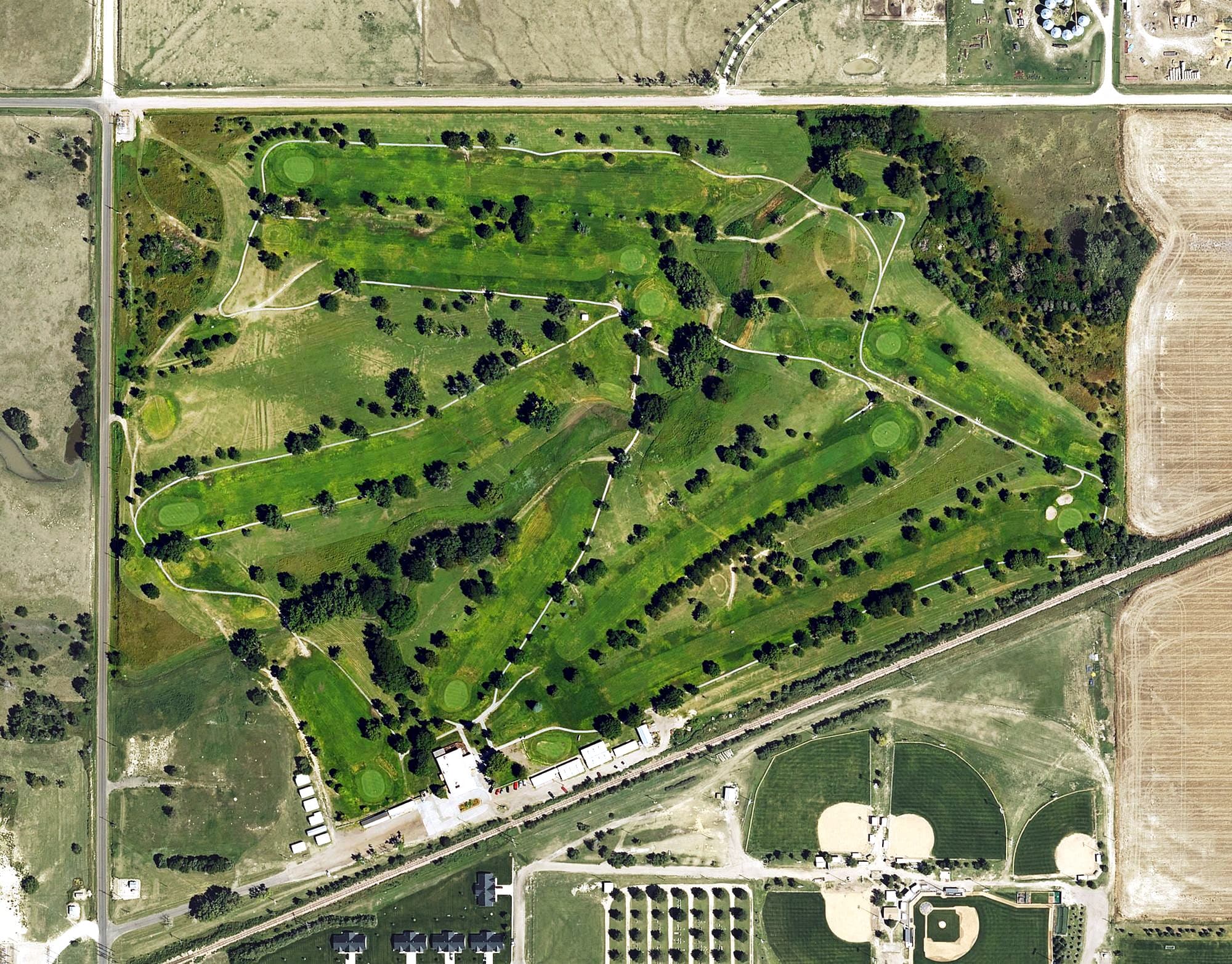 Aerial view of Meadow Lake Golf Course, KS, with its hole routing marked