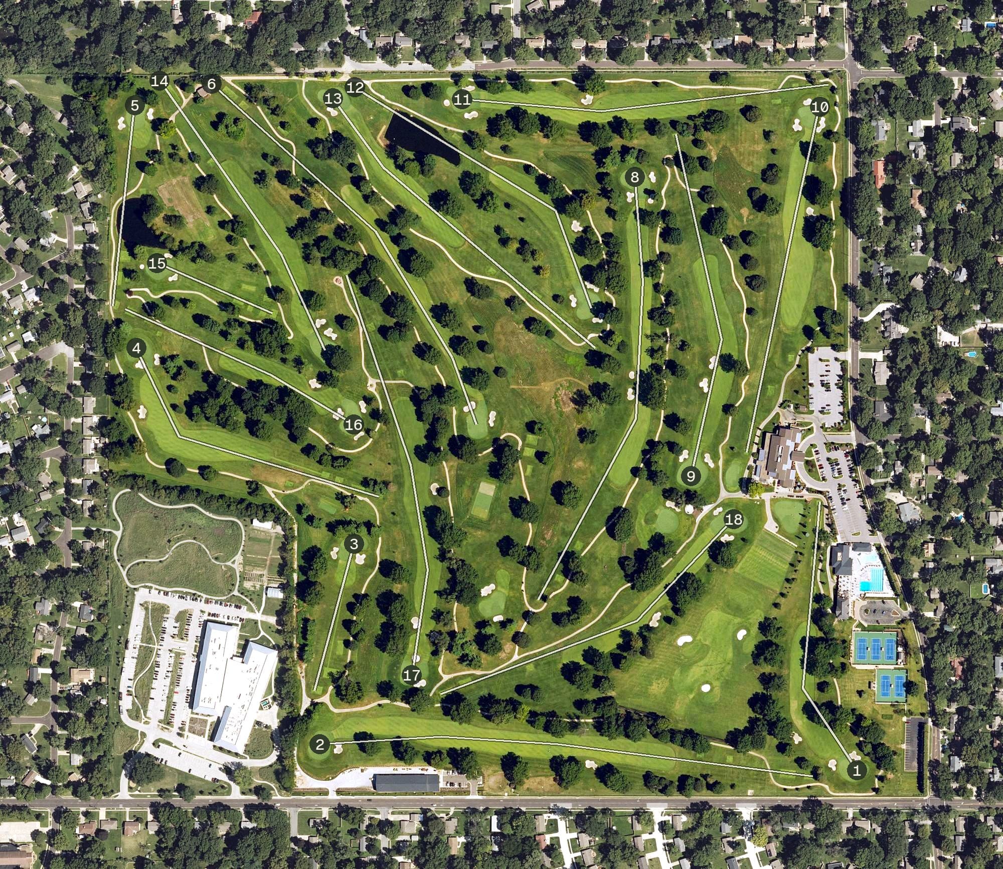 Aerial view of Milburn Country Club, KS, with its hole routing marked