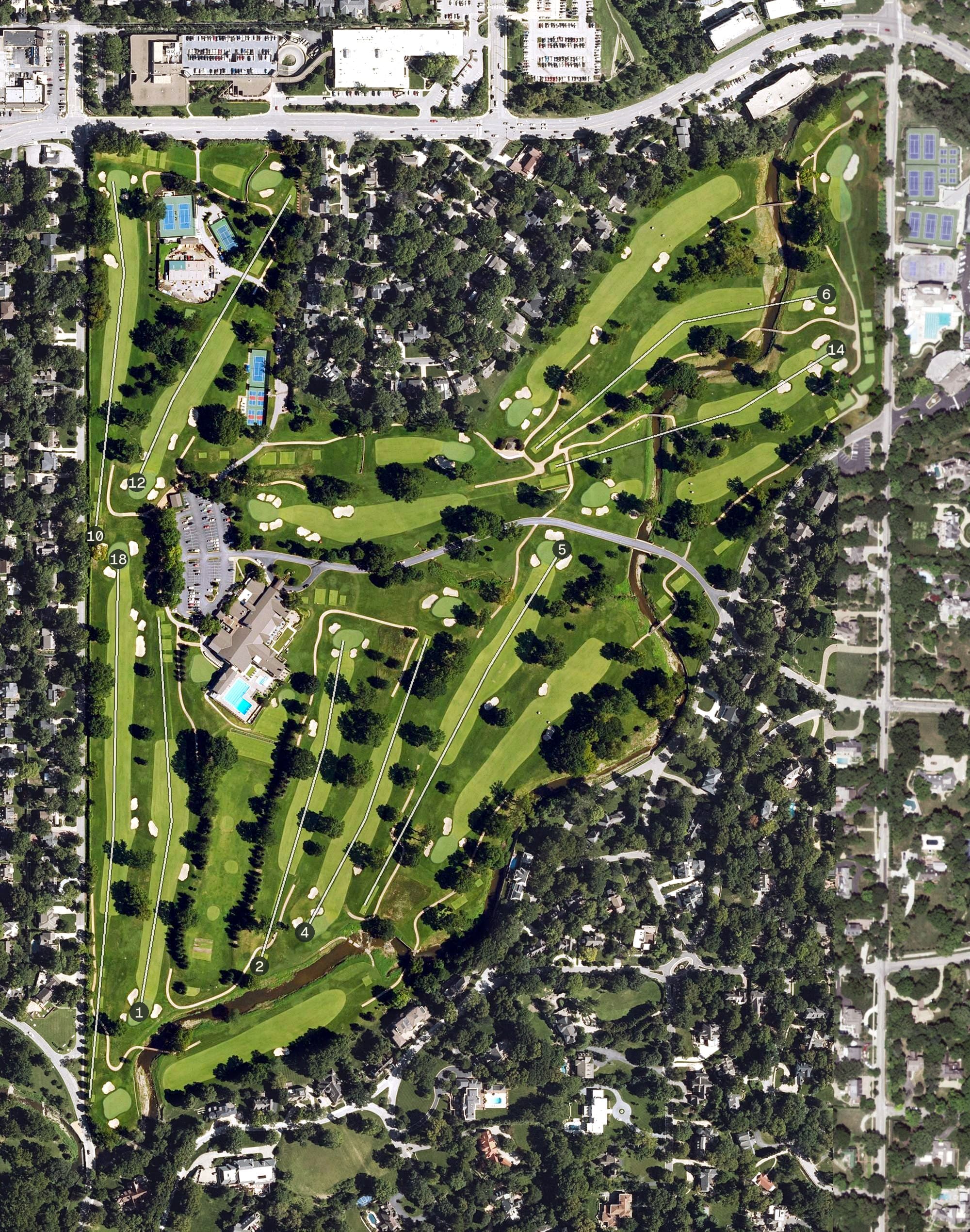 Aerial view of Mission Hills Country Club, KS, with its hole routing marked