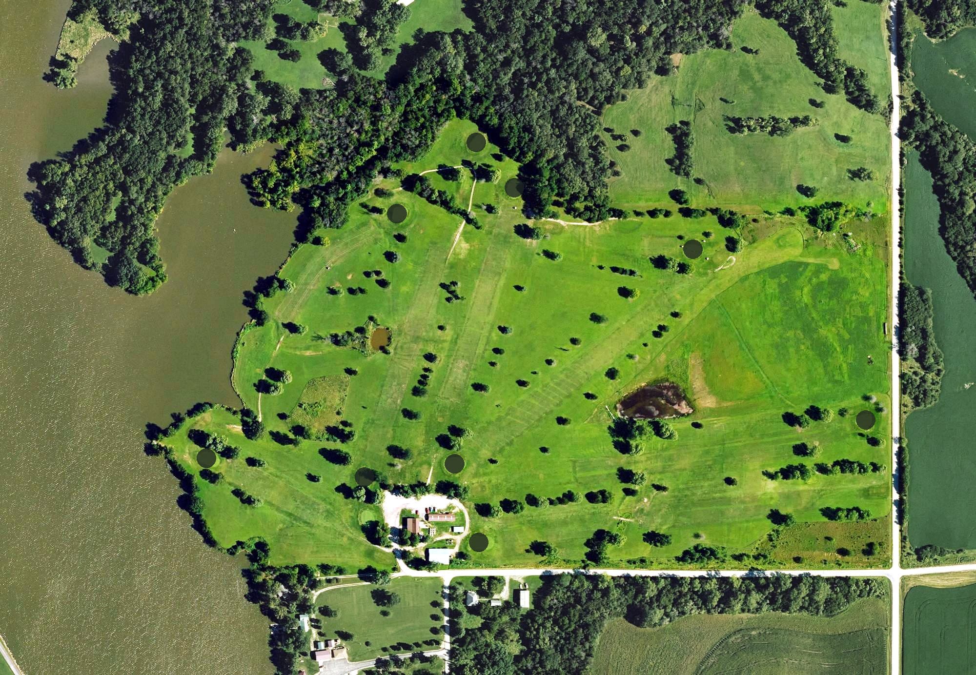 Aerial view of Mission Lake Country Club, KS, with its hole routing marked