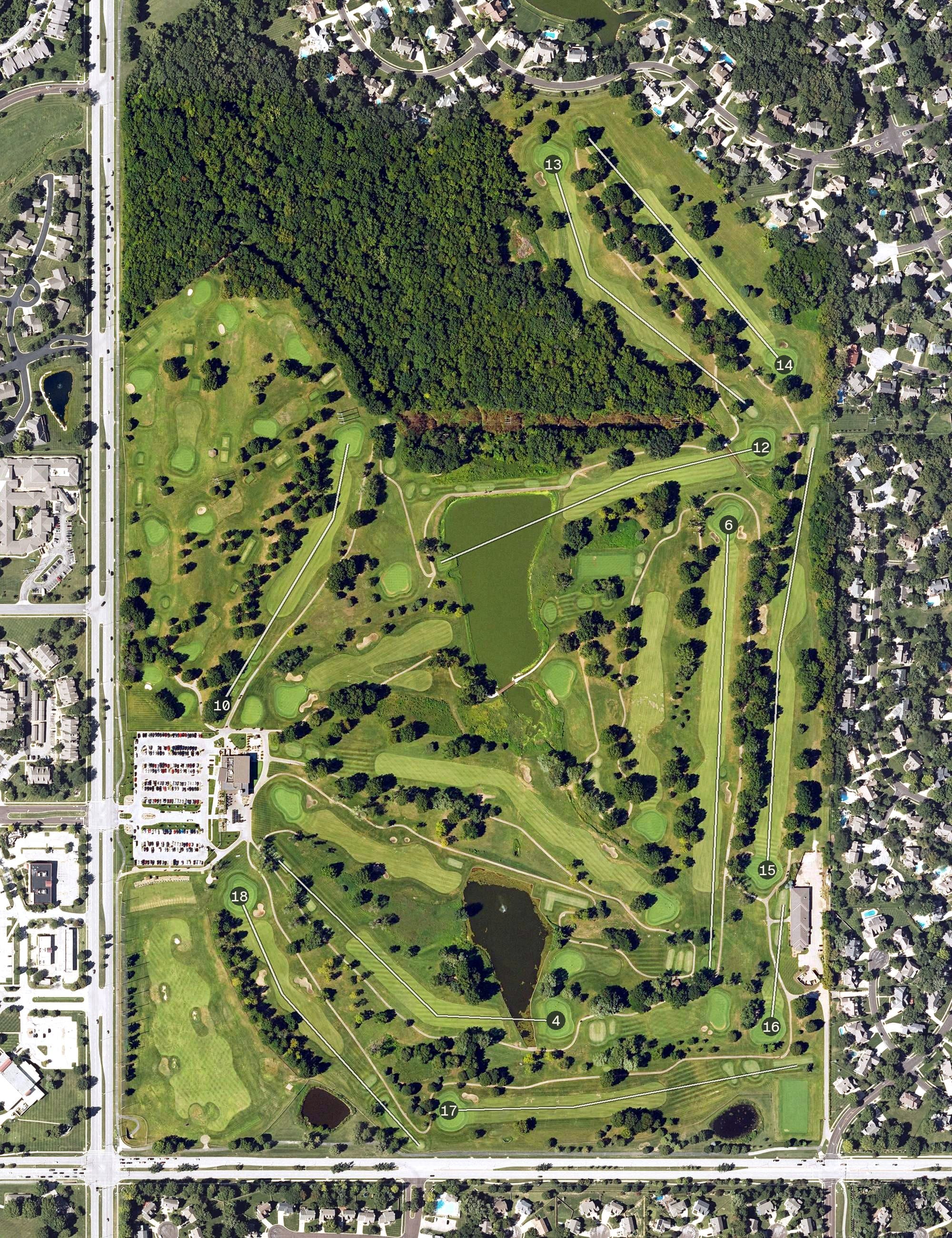 Aerial view of Overland Park Golf Course, KS, with its hole routing marked