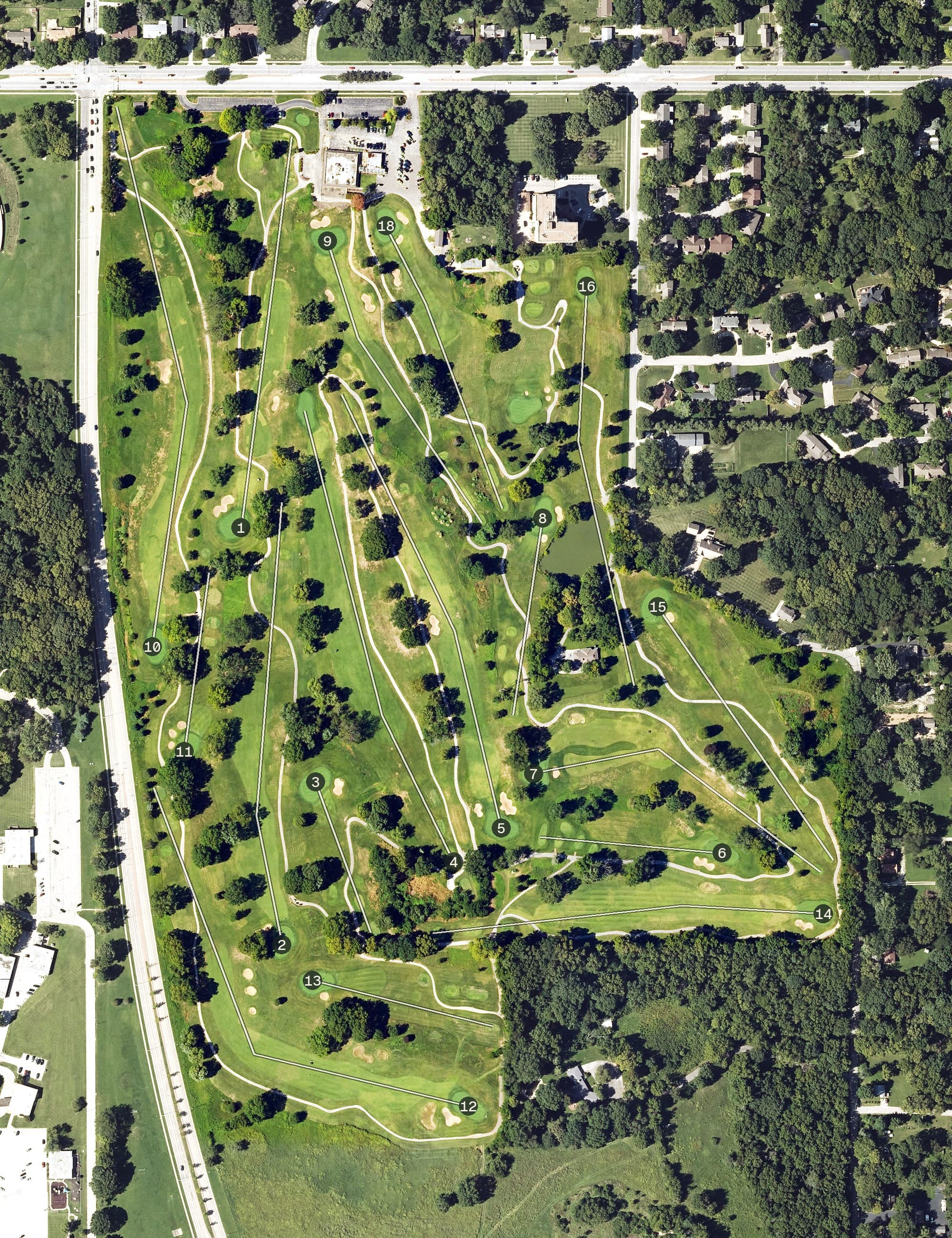 Aerial view of Painted Hills Golf Club, KS, with its hole routing marked