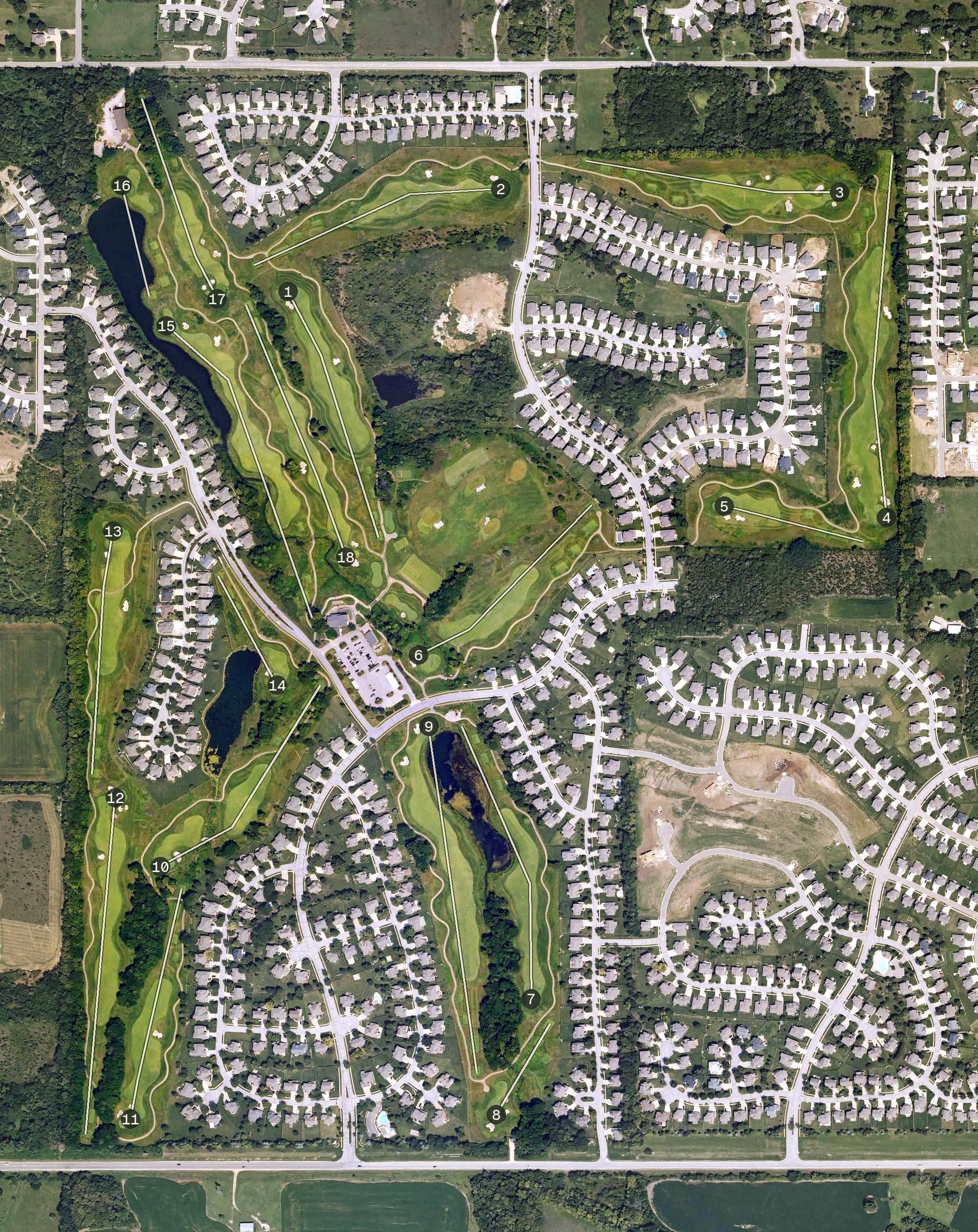 Aerial view of Prairie Highlands Golf Course, KS, with its hole routing marked