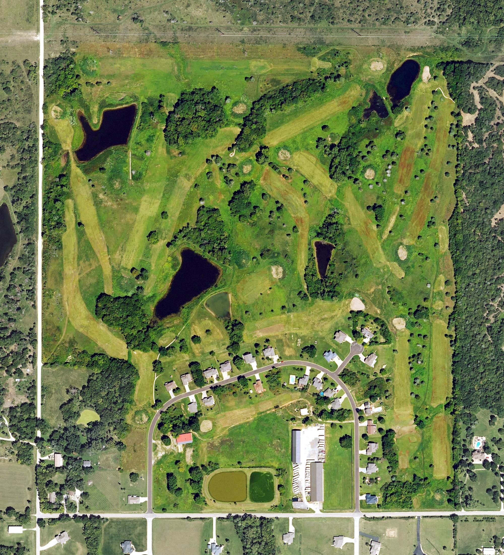 Aerial view of Prairie View Golf Club, KS, with its hole routing marked