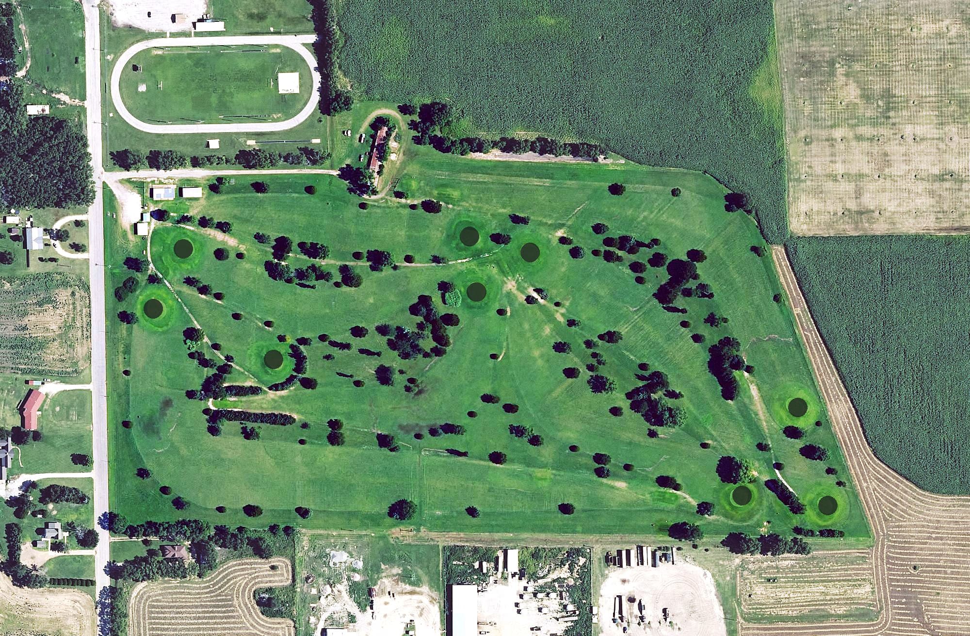 Aerial view of Protection Golf Course, KS, with its hole routing marked