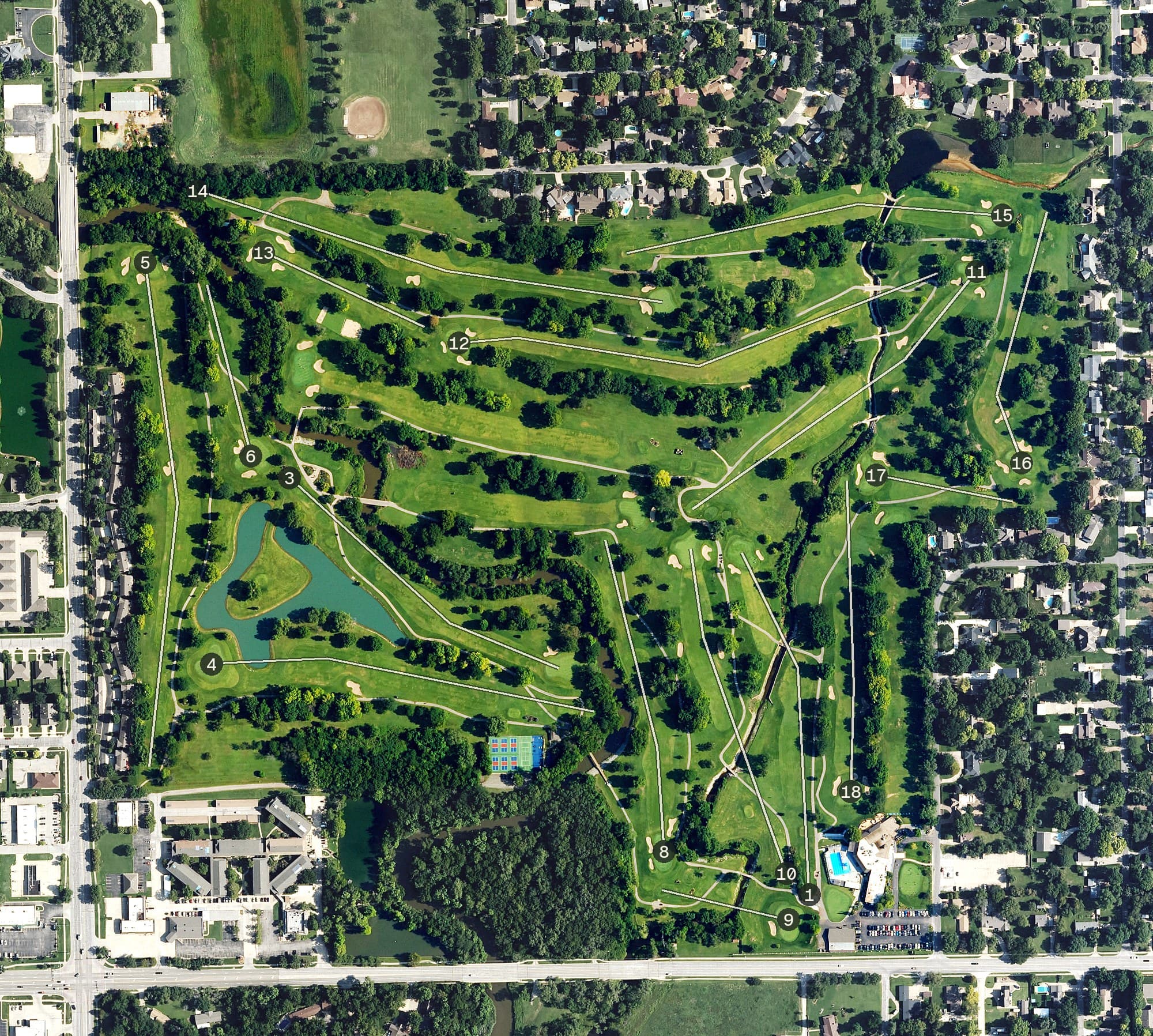 Aerial view of Rolling Hills Country Club, KS, with its hole routing marked