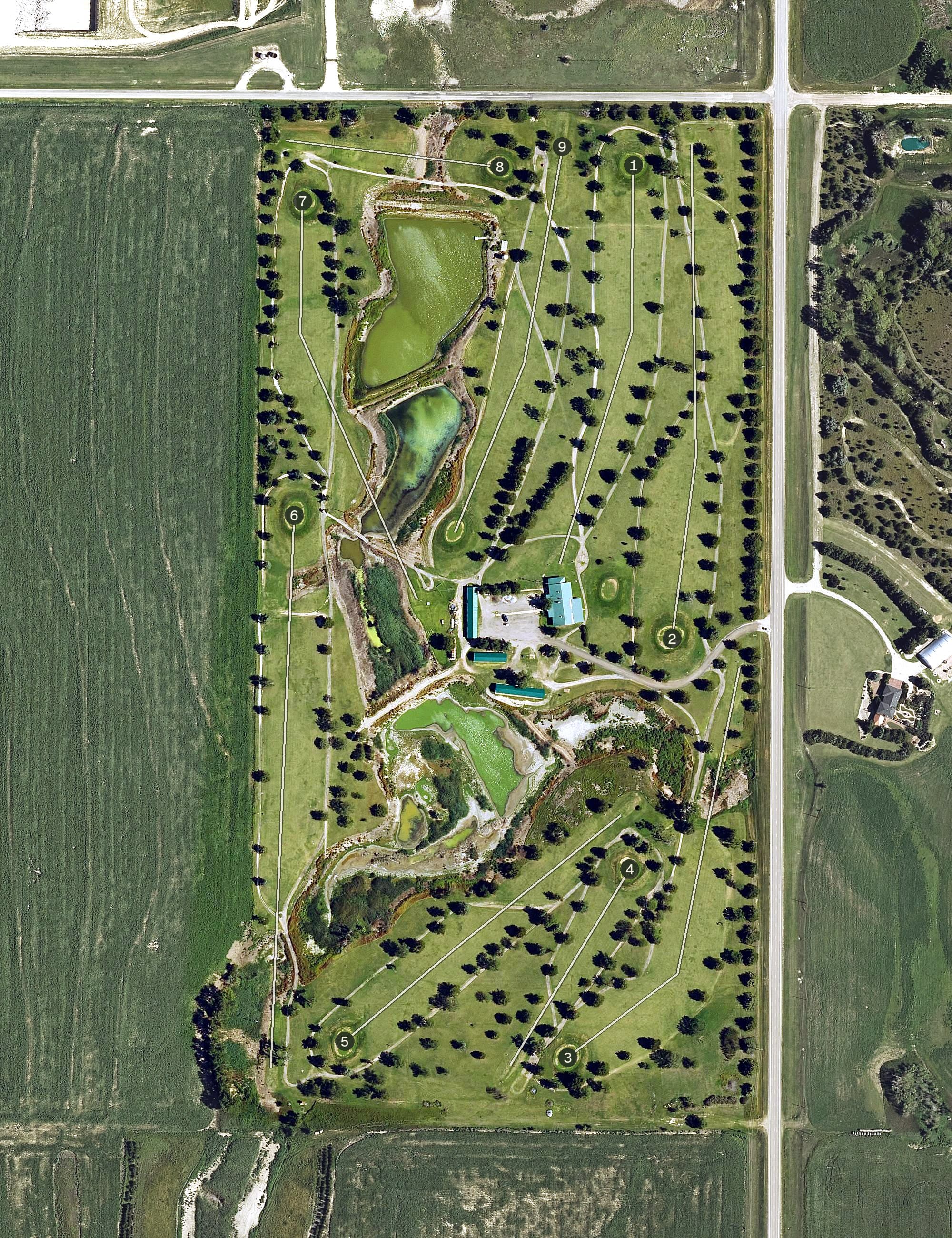 Aerial view of Rooks County Country Club, KS, with its hole routing marked