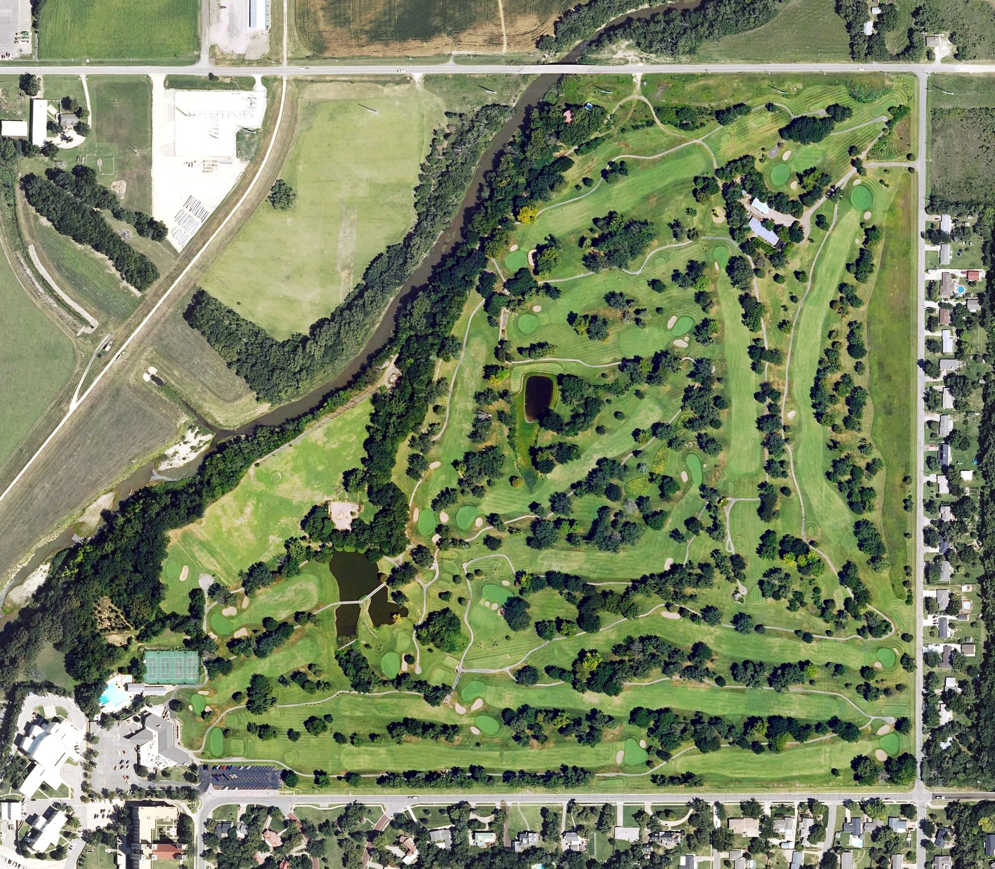 Aerial view of Salina Country Club, KS, with its hole routing marked