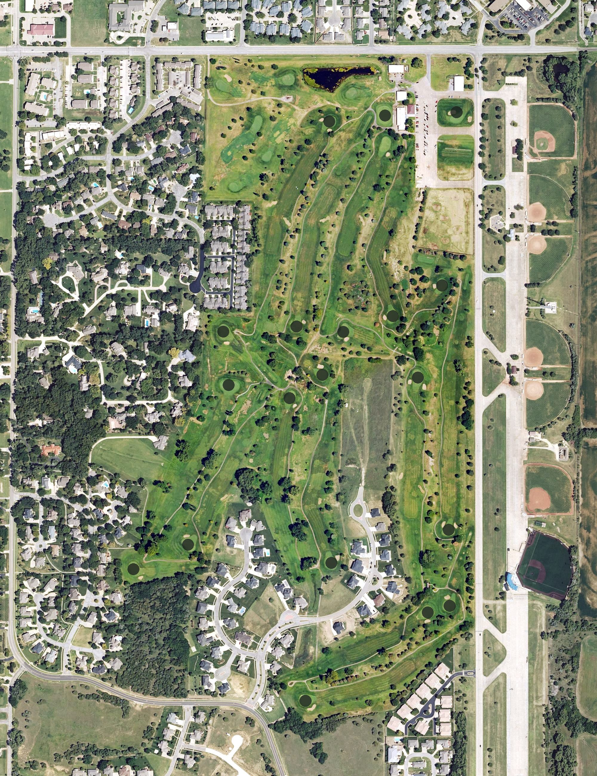 Aerial view of Salina Municipal Golf Course, KS, with its hole routing marked