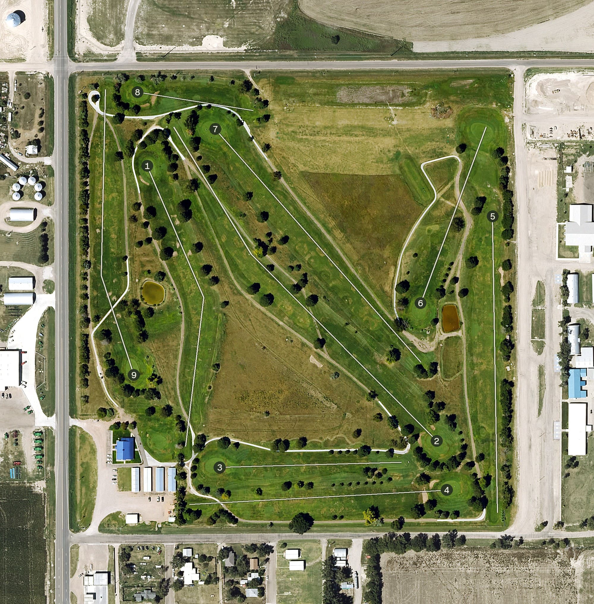 Aerial view of Scott Community Golf Course, KS, with its hole routing marked