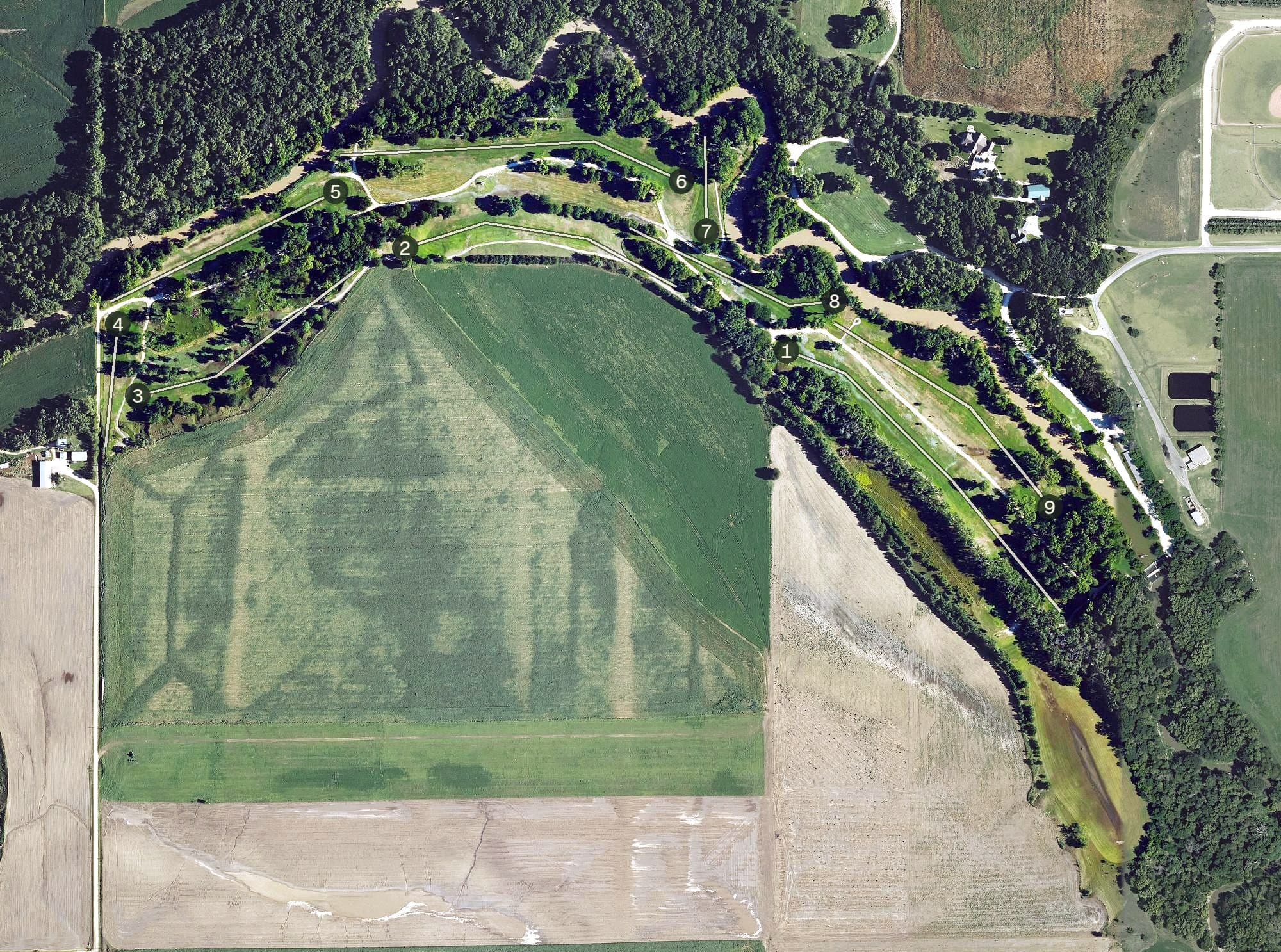 Aerial view of Shady Bend Golf Course, KS, with its hole routing marked