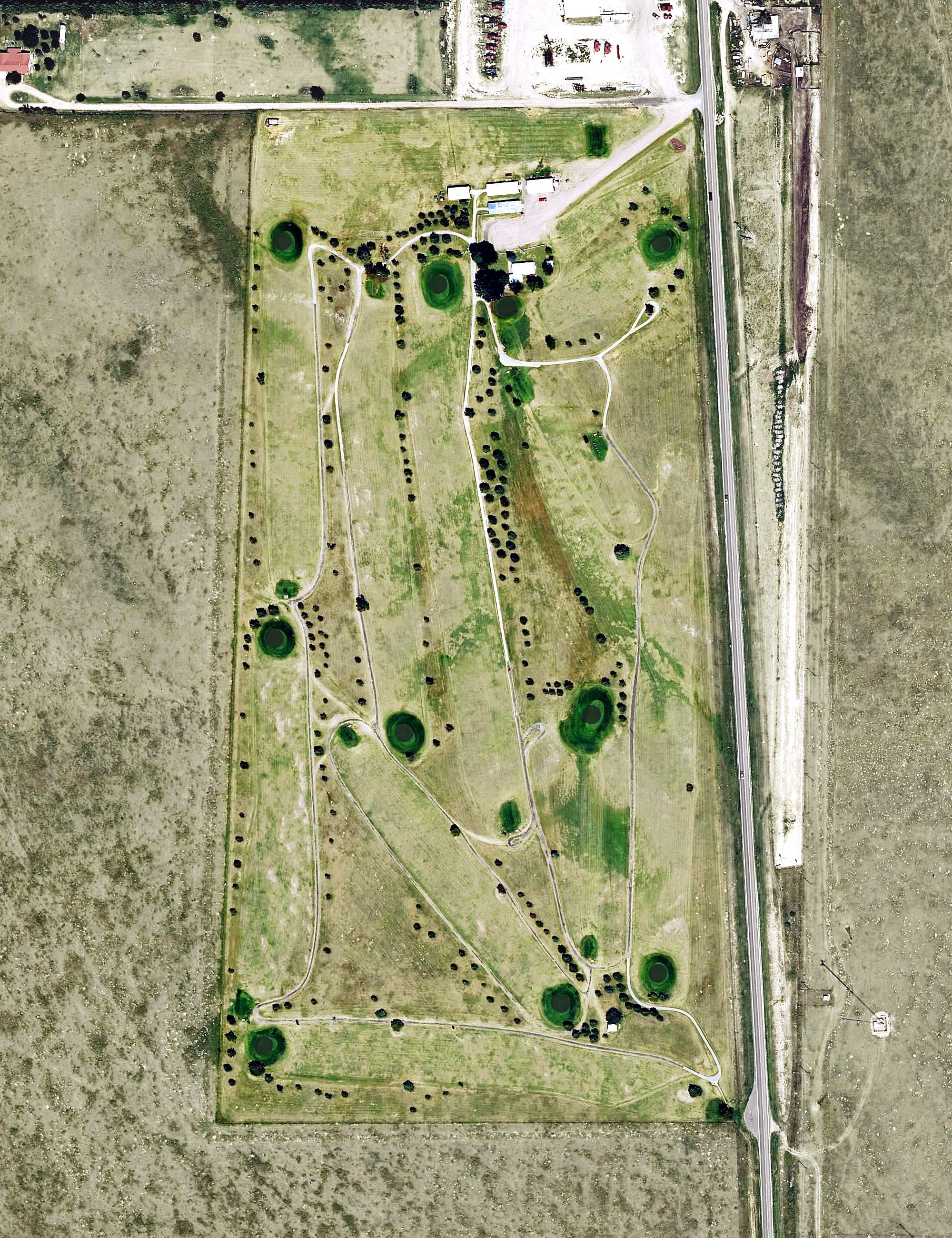 Aerial view of Sharon Springs Golf Course, KS, with its hole routing marked