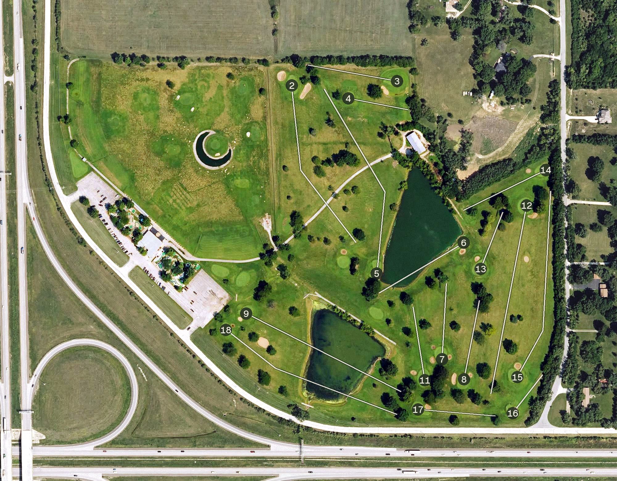 Aerial view of Smiley's Golf Complex, KS, with its hole routing marked