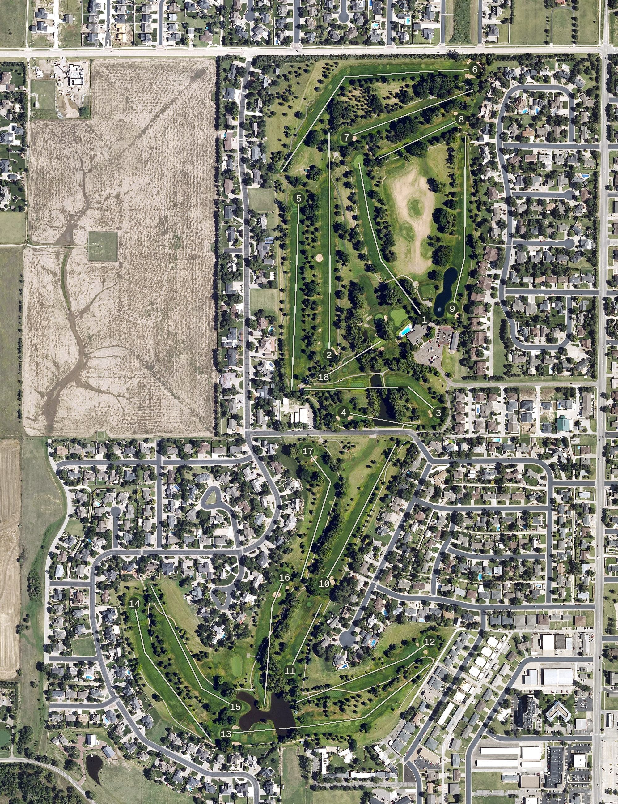 Aerial view of Smoky Hill Country Club, KS, with its hole routing marked