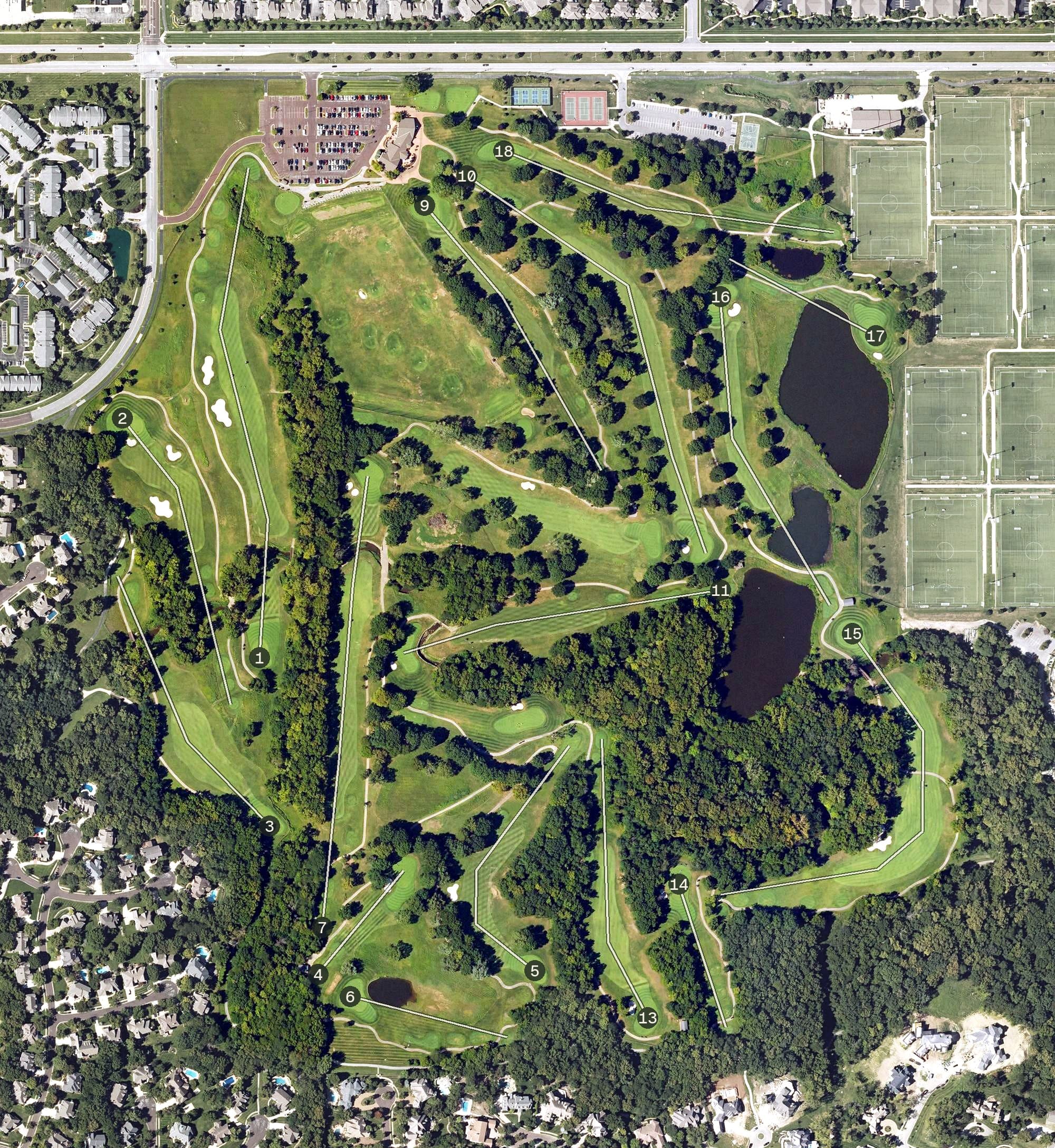 Aerial view of St Andrews Golf Club, KS, with its hole routing marked