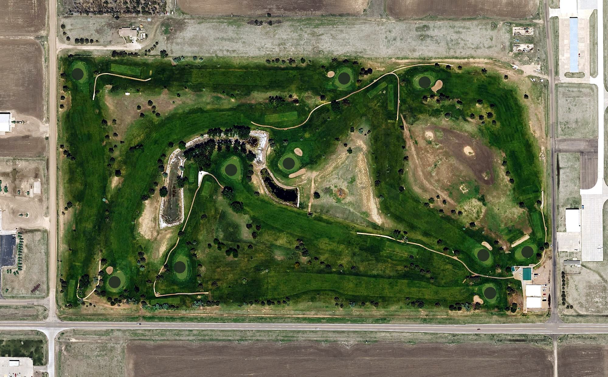 Aerial view of Stanton County Prairie Pines Golf Course, KS, with its hole routing marked
