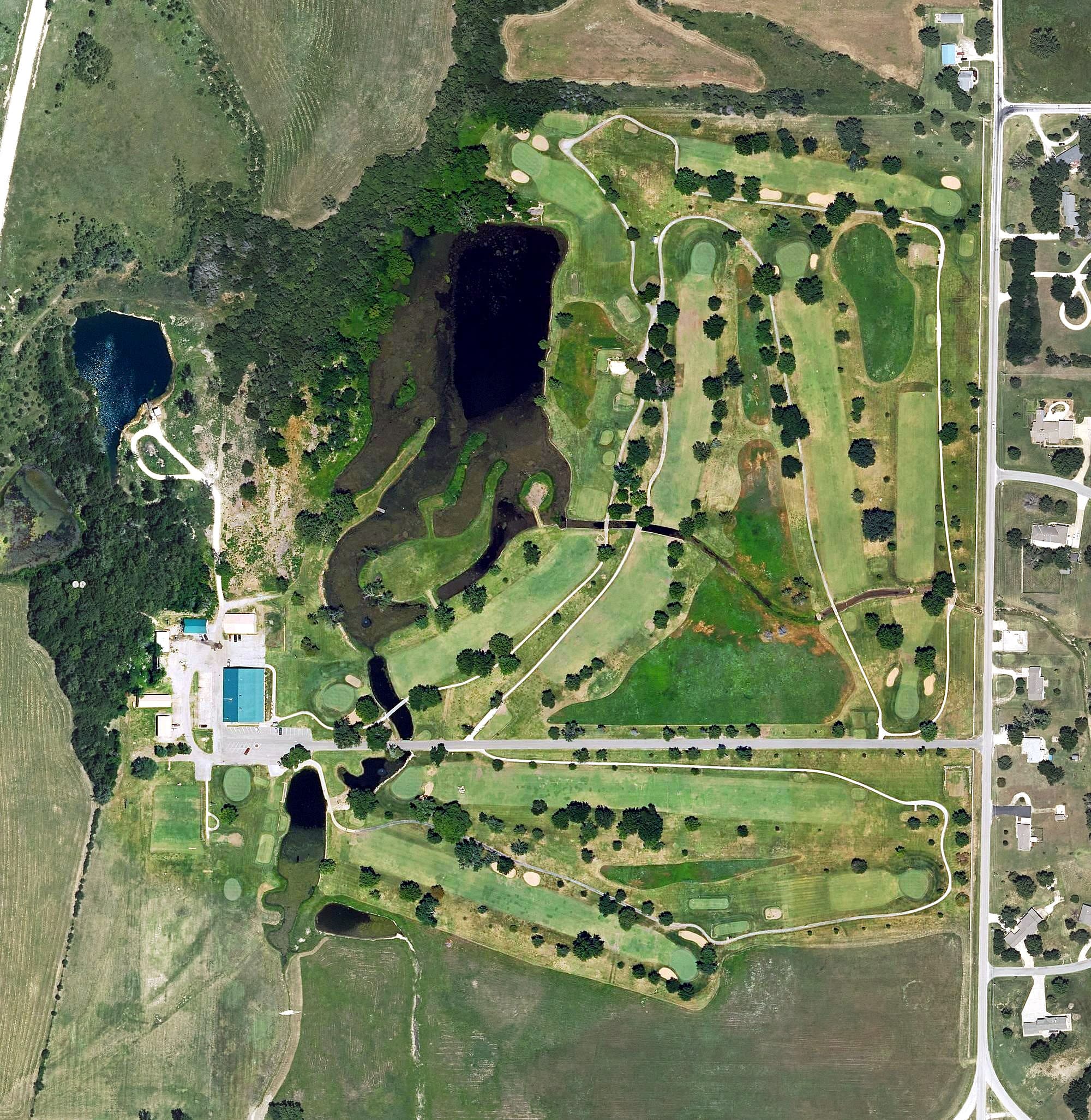 Aerial view of Stone Creek Golf Course, KS, with its hole routing marked