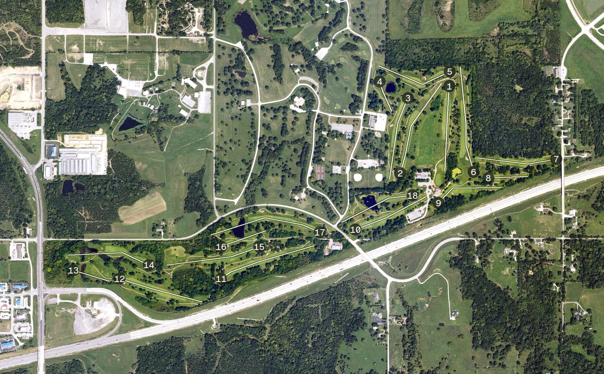 Aerial view of Sunflower Hills Golf Course, KS, with its hole routing marked