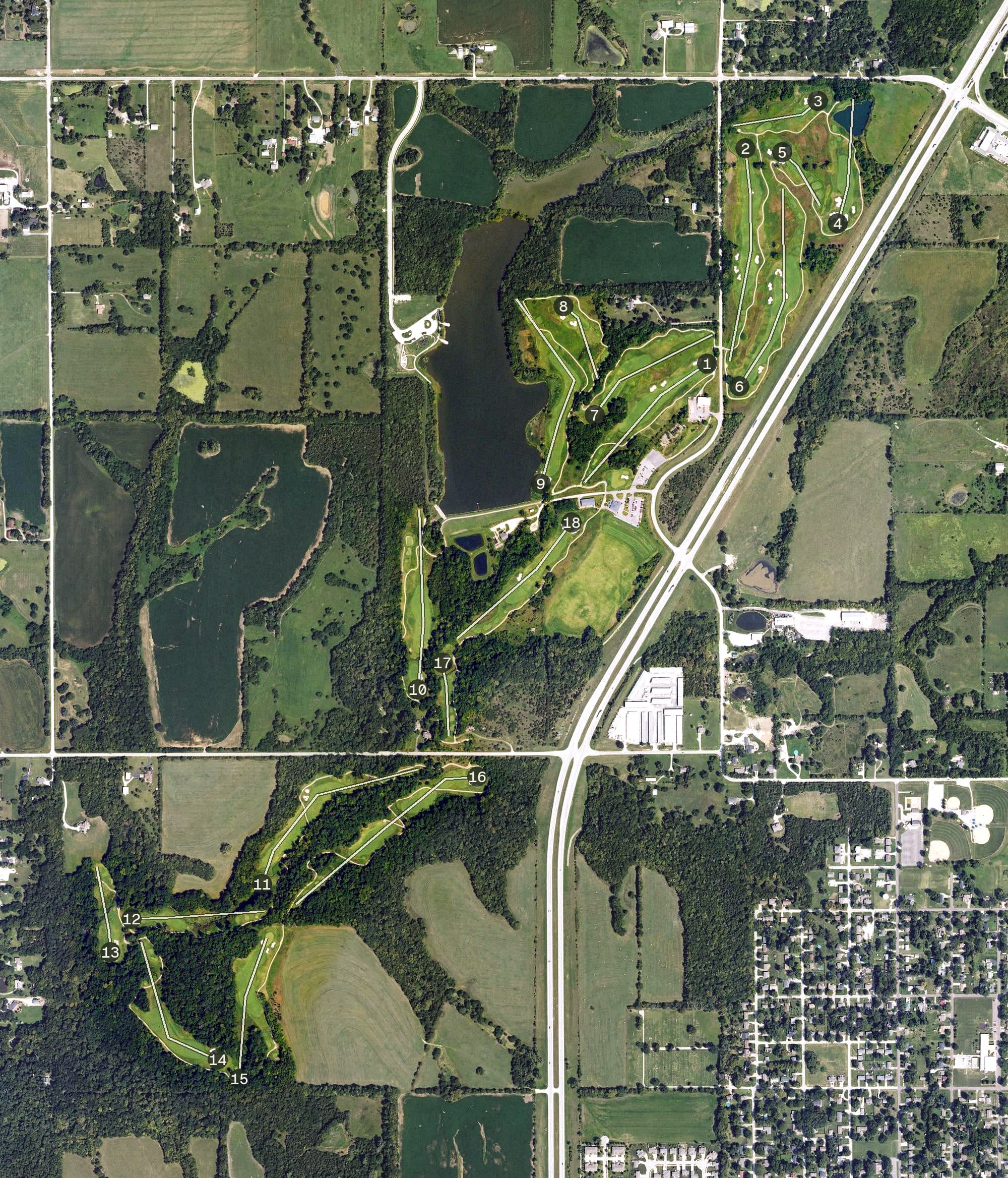 Aerial view of Sycamore Ridge Golf Club, KS, with its hole routing marked
