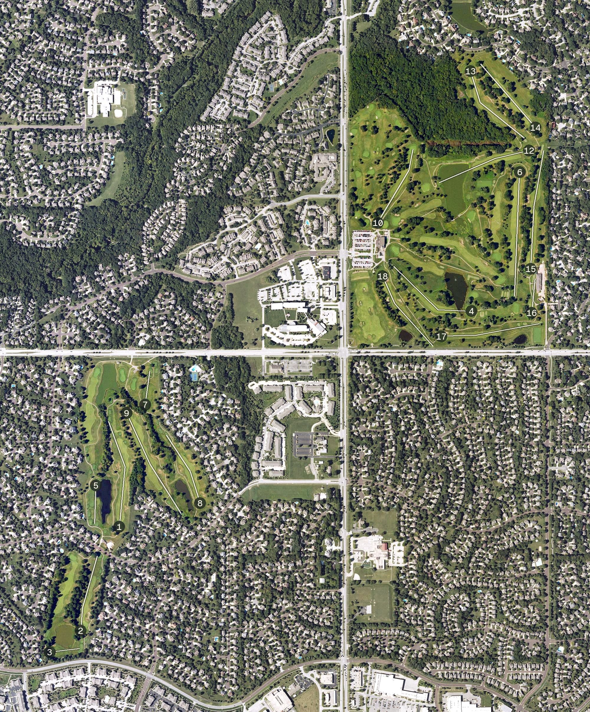 Aerial view of Sykes/Lady Overland Park Golf Complex, KS, with its hole routing marked