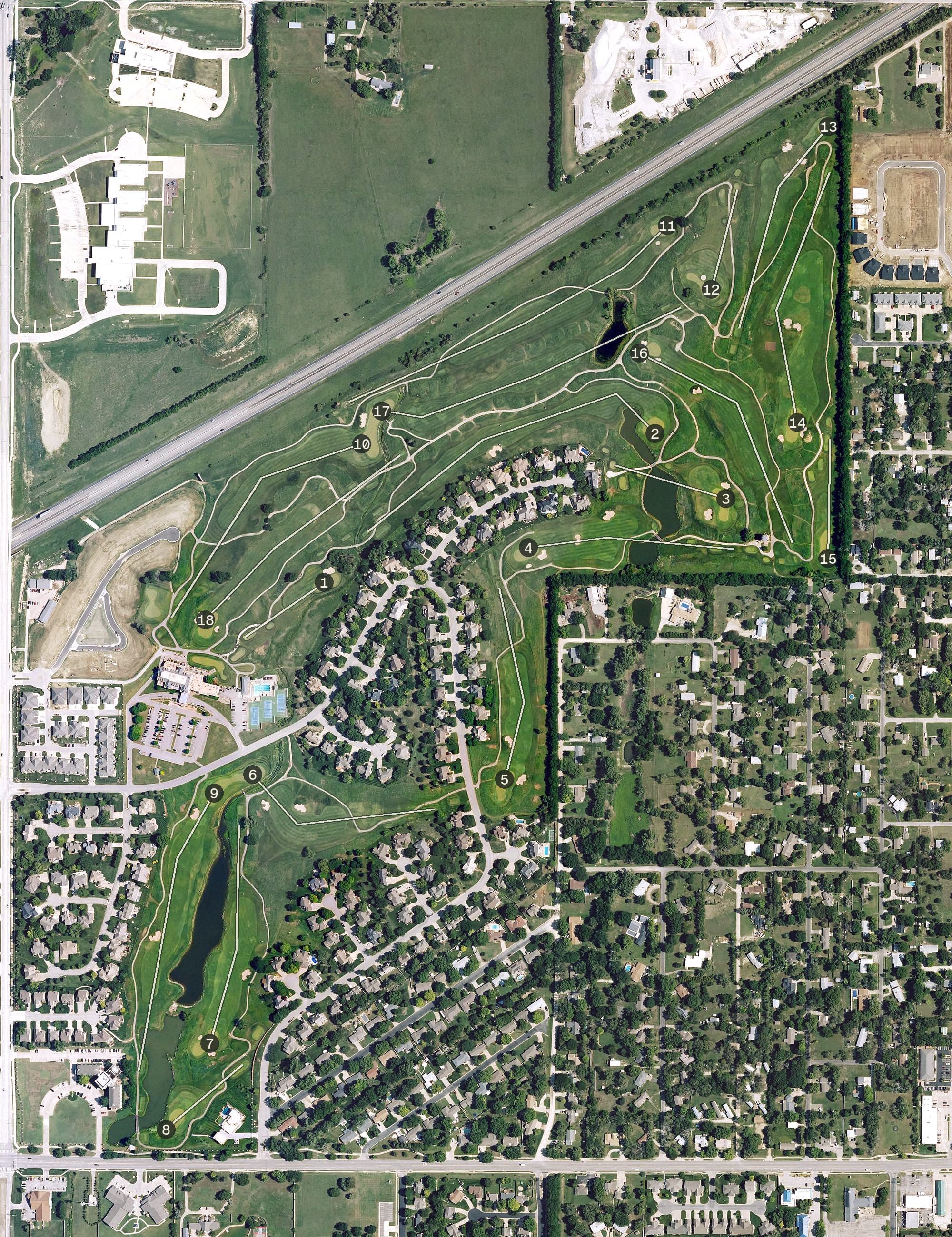 Aerial view of Terradyne Country Club, KS, with its hole routing marked