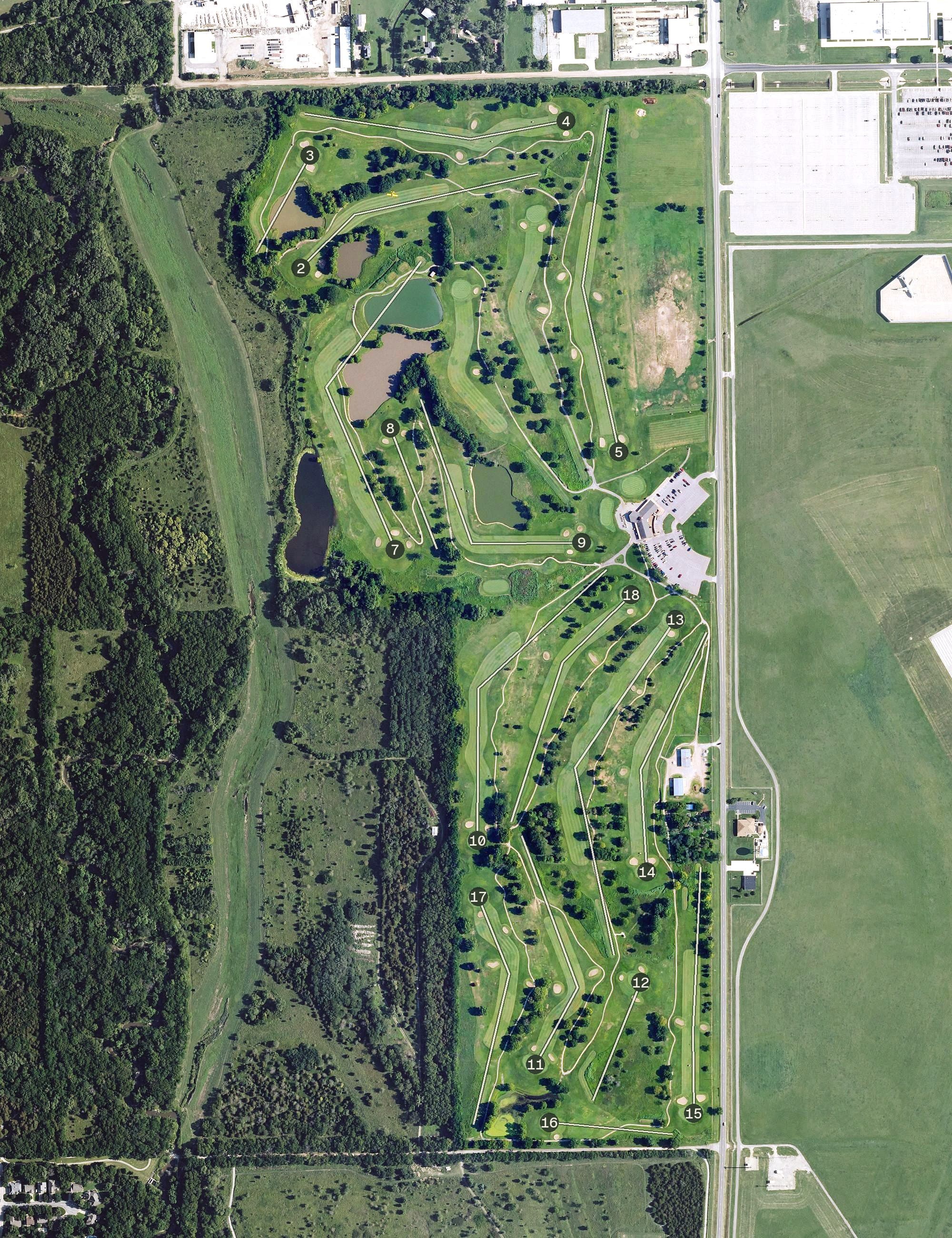 Aerial view of Tex Consolver Golf Course, KS, with its hole routing marked