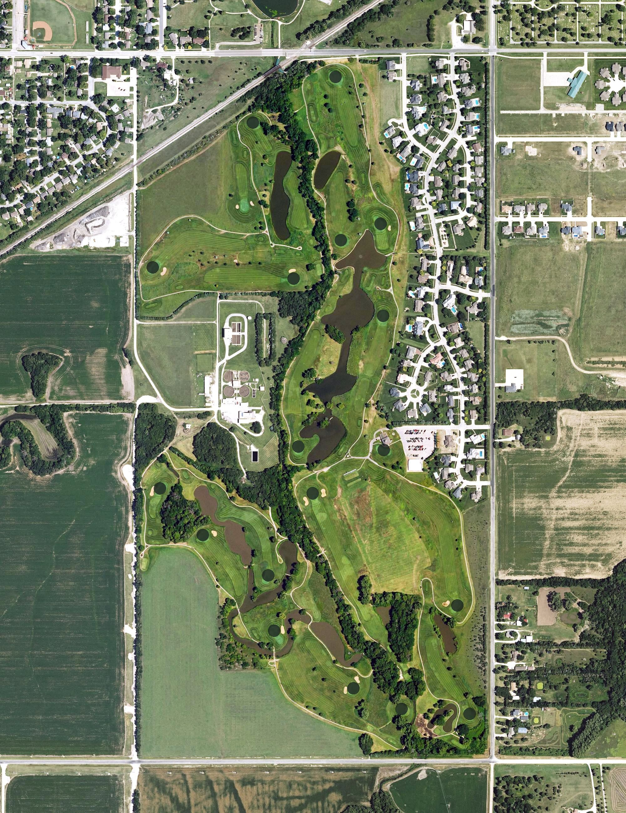 Aerial view of Turkey Creek Golf Course, KS, with its hole routing marked