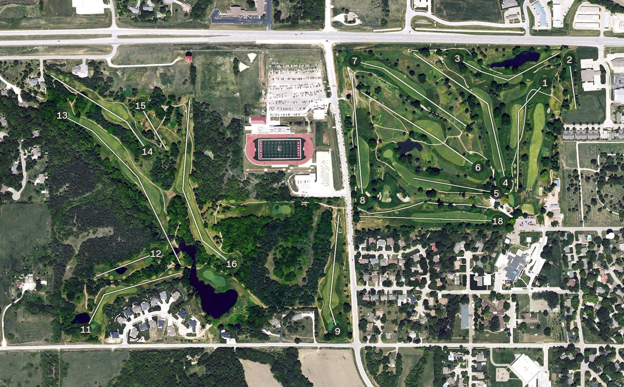 Aerial view of Wamego Country Club, KS, with its hole routing marked