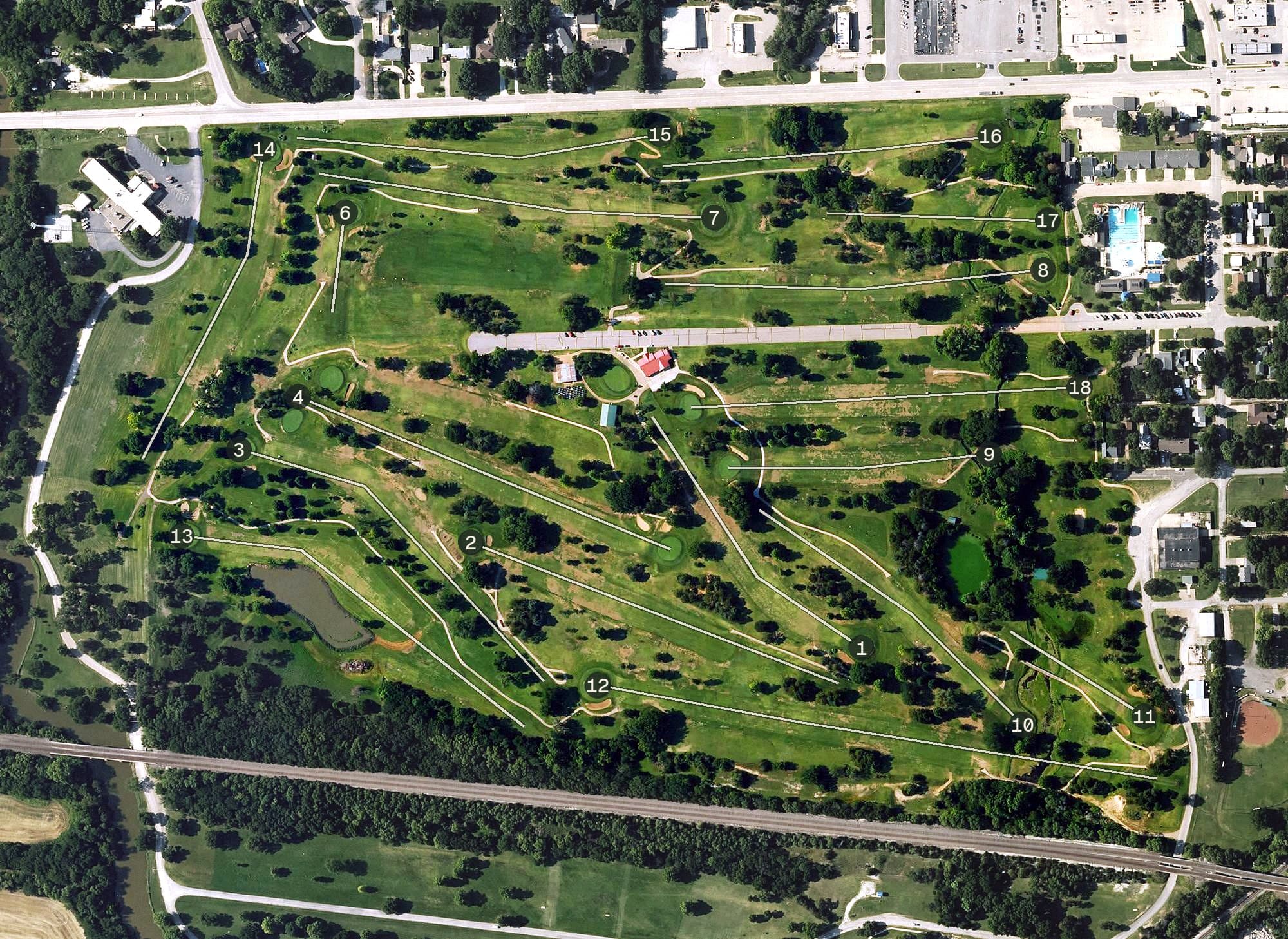 Aerial view of Wellington Golf Club, KS, with its hole routing marked